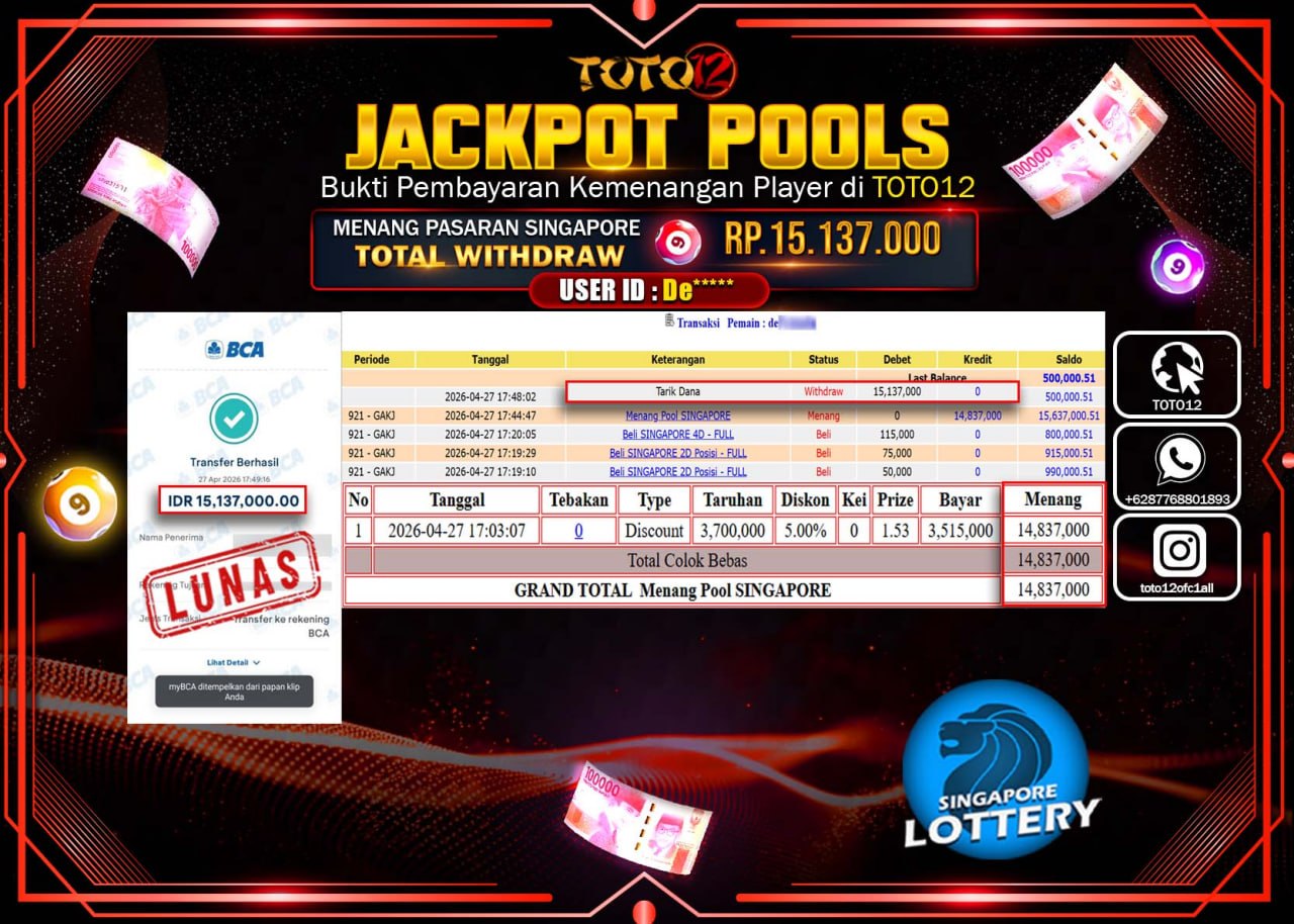 HANYA DI TOTO12 JP PASTI DI BAYAR LUNAS DAN CEPAT!!!!!! JACKPOT POOLS PASARAN ( SINGAPORE ) Rp.15.137.000!!!!