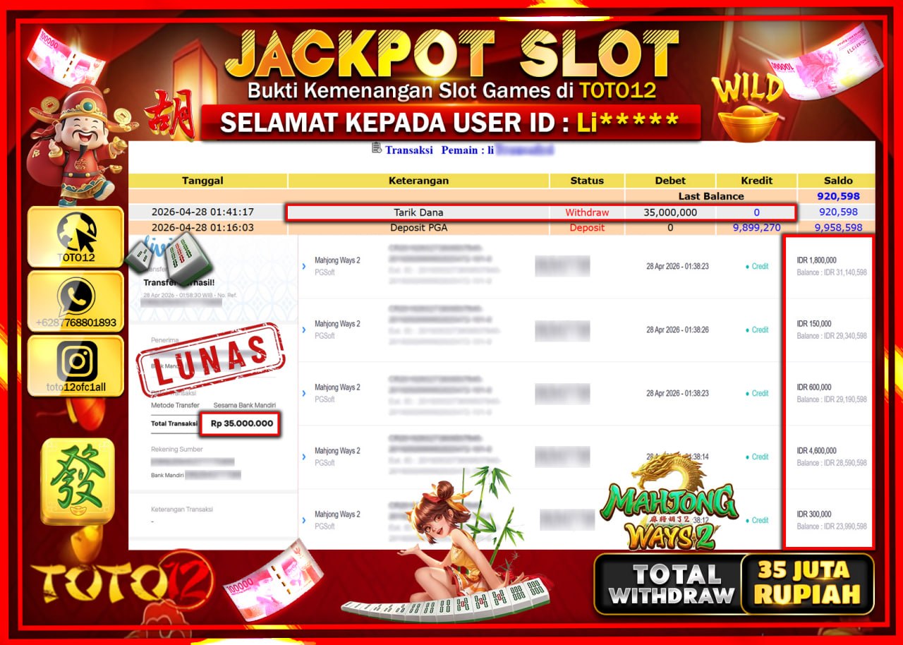 HANYA DI TOTO12 JP PASTI DI BAYAR LUNAS DAN CEPAT!!!!!! JACKPOT SLOT GAME (MAHJONG WAYS 2) Rp.35.000.000!!!!