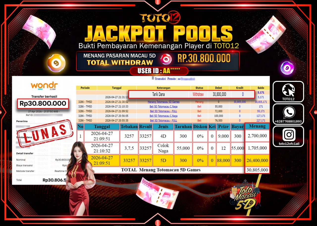 HANYA DI TOTO12 JP PASTI DI BAYAR LUNAS DAN CEPAT!!!!!! JACKPOT POOLS PASARAN( MACAU 5D ) Rp.30.800.000!!!!