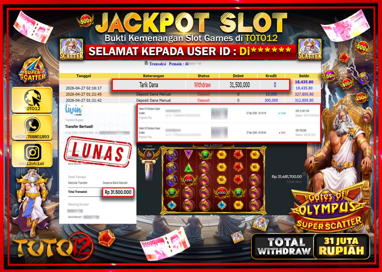 HANYA DI TOTO12 JP PASTI DI BAYAR LUNAS DAN CEPAT!!!!!! JACKPOT SLOT GAME (GATES OF OLYMPUS SUPER SCATTER) Rp.31.500.000!!!!