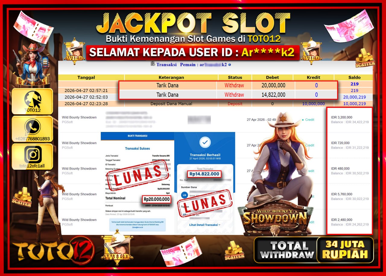 HANYA DI TOTO12 JP PASTI DI BAYAR LUNAS DAN CEPAT!!!!!! JACKPOT SLOT GAME (WILD BOUTY SHOWDOWN) Rp.34.822.000!!!!