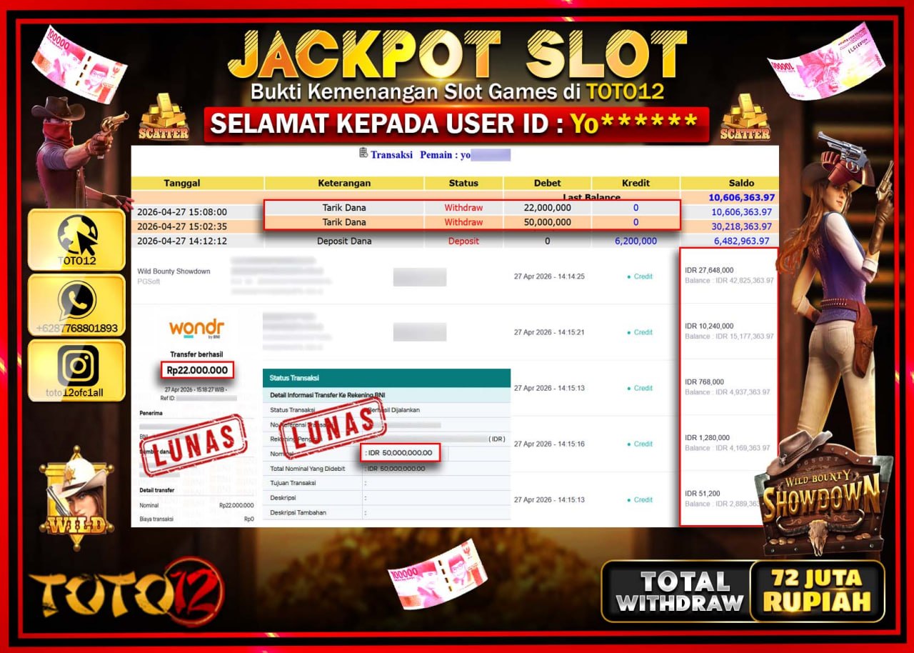 HANYA DI TOTO12 JP PASTI DI BAYAR LUNAS DAN CEPAT!!!!!! JACKPOT SLOT GAME (WILD BOUNTY WHOWDOWN) Rp.72.000.000!!!!