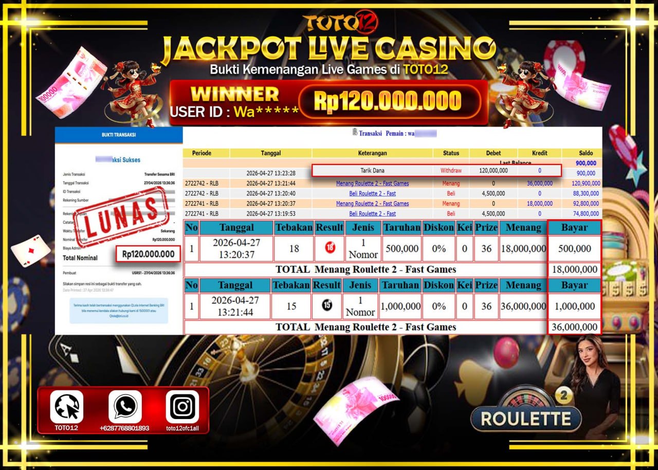 HANYA DI TOTO12 JP PASTI DI BAYAR LUNAS DAN CEPAT!!!!!! JACKPOT  LIVE GAME CASINO (ROULETTE 2) Rp.120.000.000!!!!