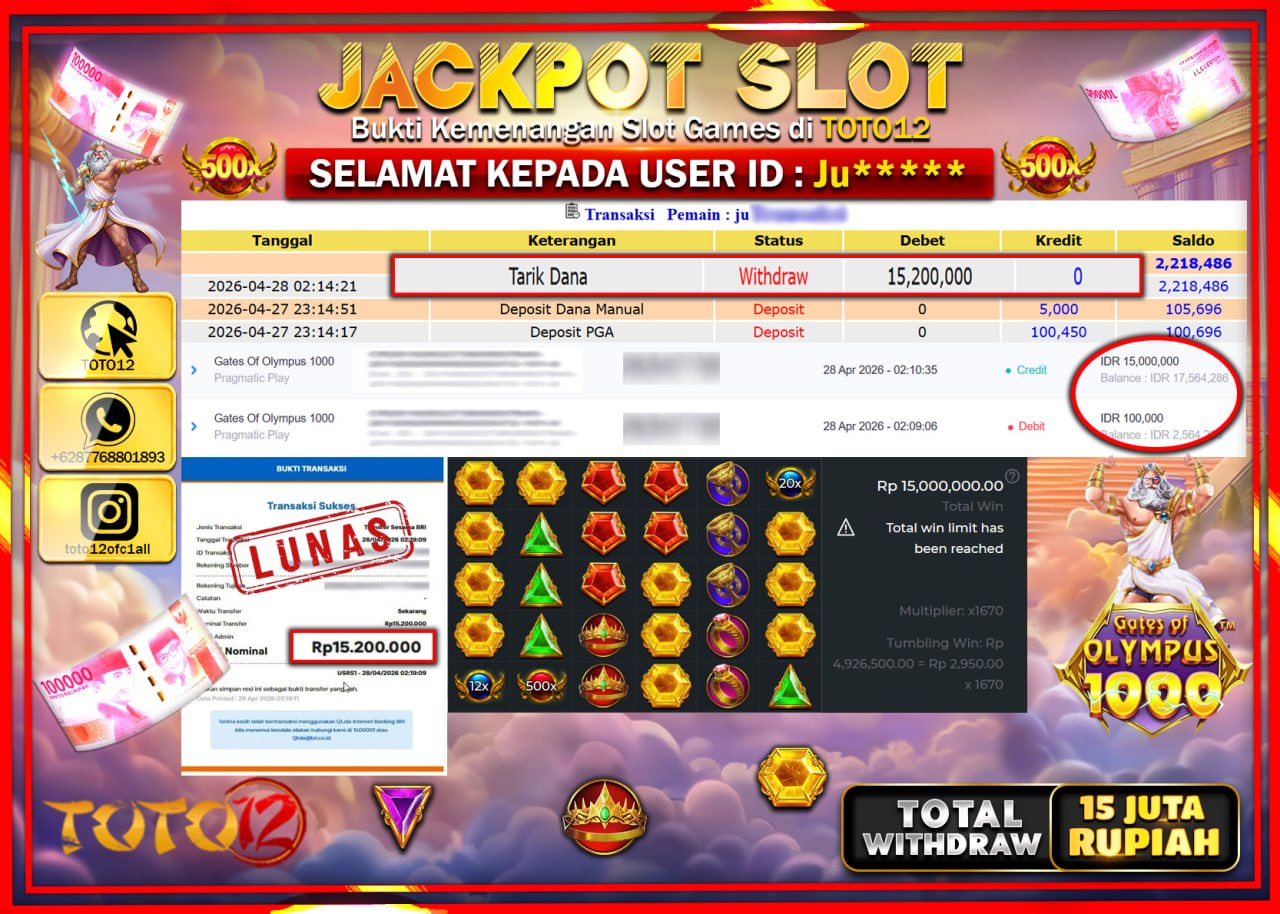HANYA DI TOTO12 JP PASTI DI BAYAR LUNAS DAN CEPAT!!!!!! JACKPOT SLOT GAME (GATES OF OLYMPUS 1000) Rp.15.200.000!!!!