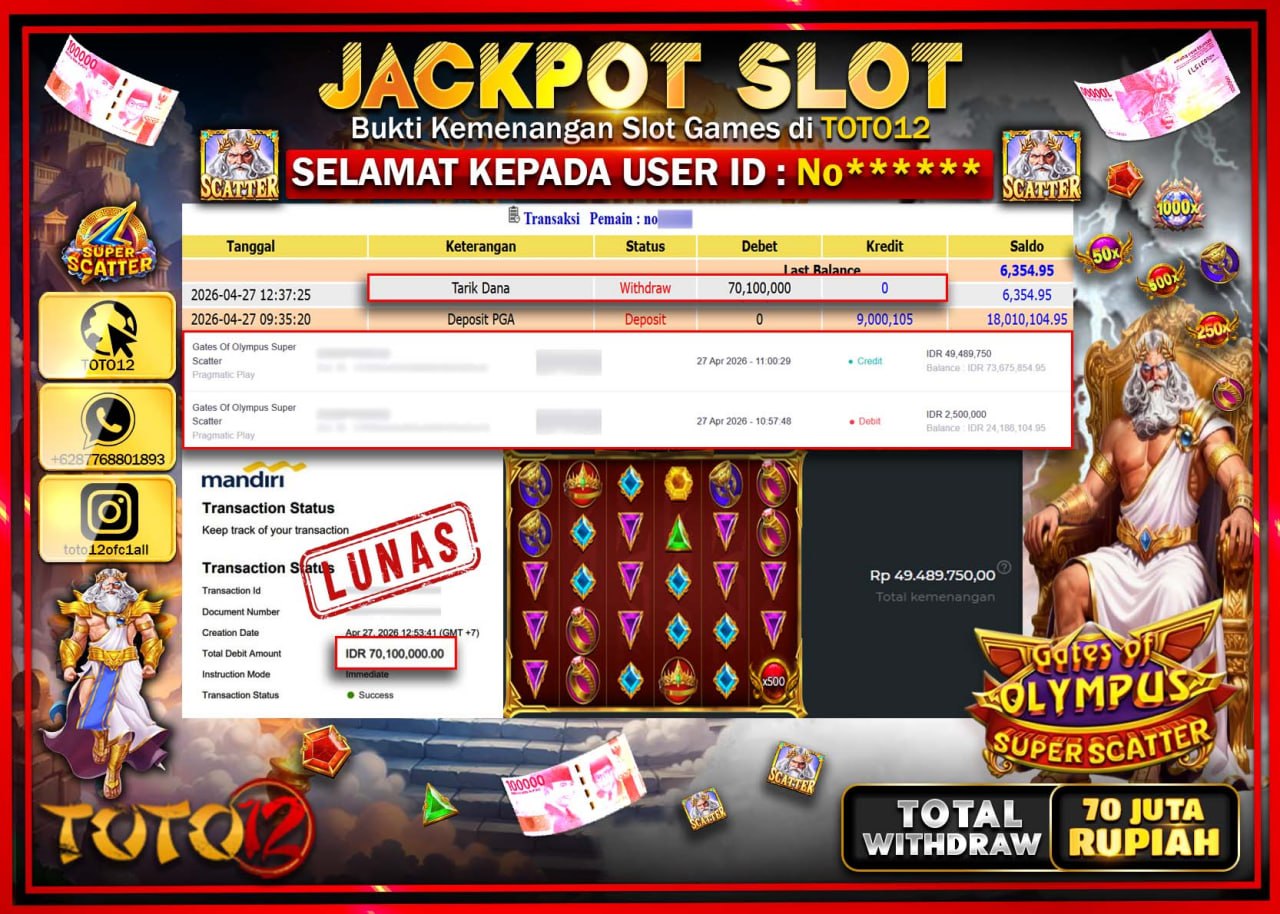 HANYA DI TOTO12 JP PASTI DI BAYAR LUNAS DAN CEPAT!!!!!! JACKPOT SLOT GAME (GATES OF OLYMPUS SUPER SCATTER) Rp.70.100.000!!!!