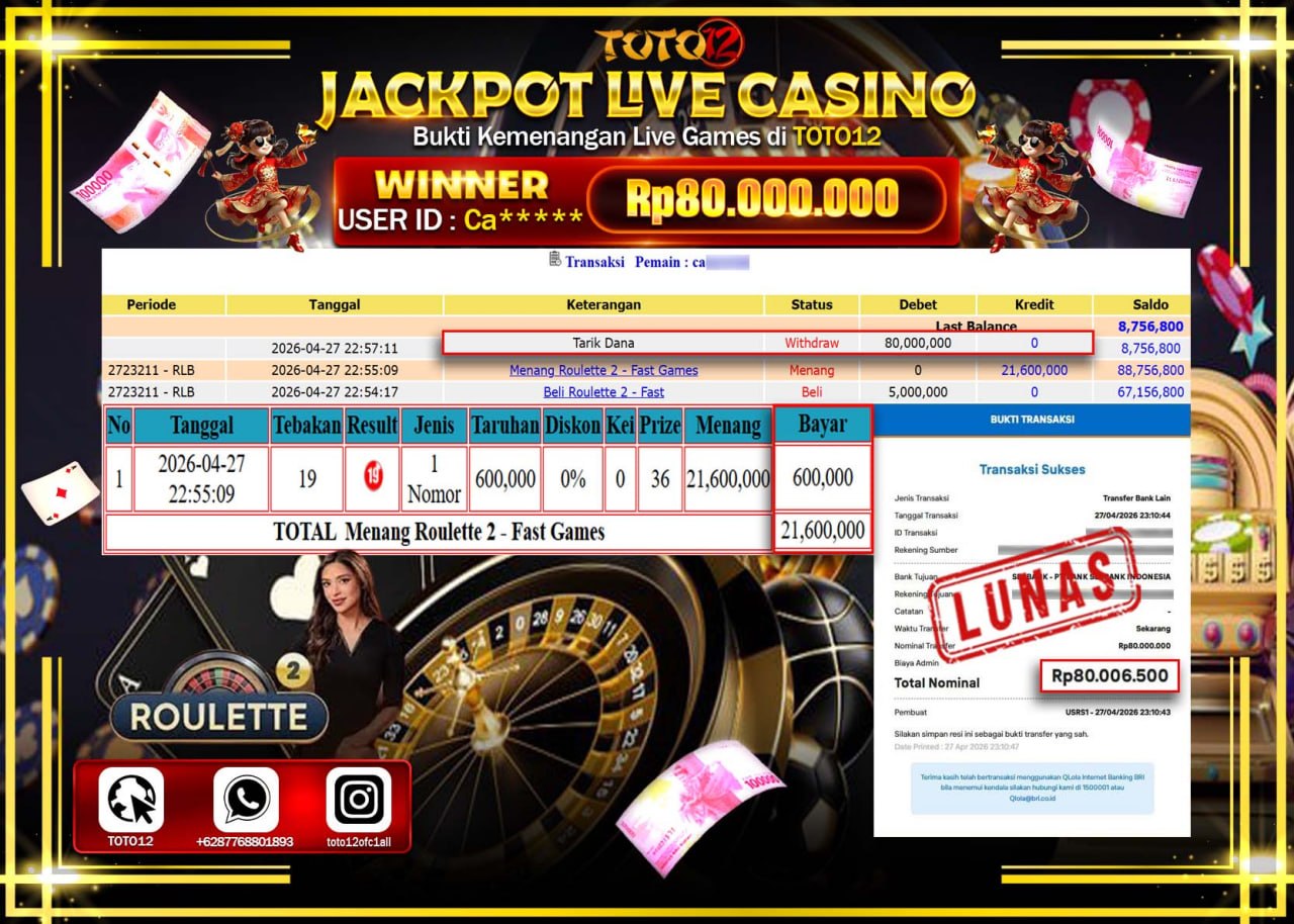 HANYA DI TOTO12 JP PASTI DI BAYAR LUNAS DAN CEPAT!!!!!! JACKPOT  LIVE GAME CASINO (ROULETTE 2) Rp.80.000.000!!!!