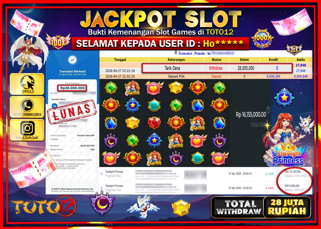 HANYA DI TOTO12 JP PASTI DI BAYAR LUNAS DAN CEPAT!!!!!! JACKPOT SLOT GAME (STARLIGHT PRINCESS) Rp.28.000.000!!!!