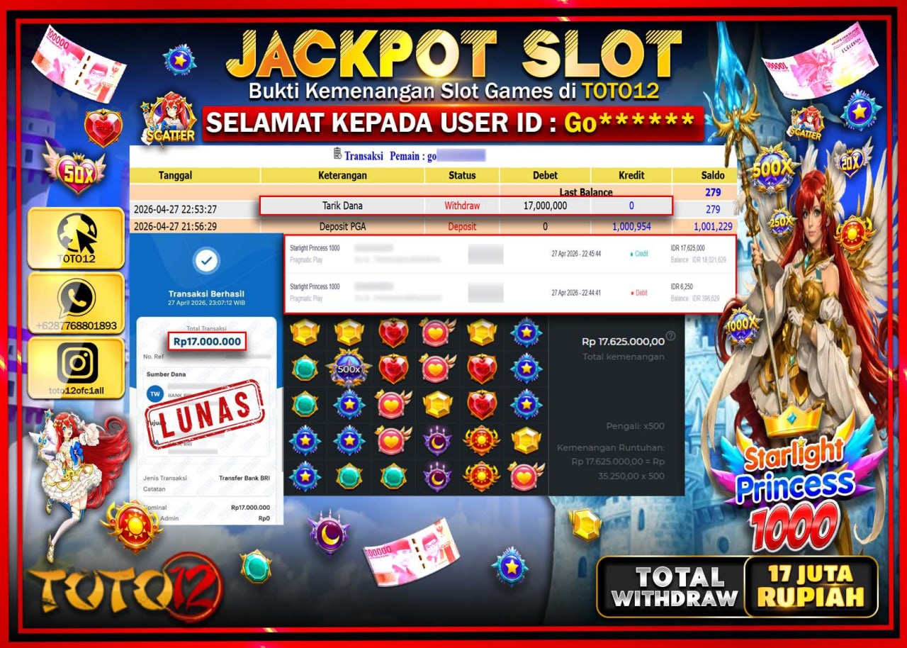 HANYA DI TOTO12 JP PASTI DI BAYAR LUNAS DAN CEPAT!!!!!! JACKPOT SLOT GAME (STARLIGHT PRINCES 1000) Rp.17.000.000!!!!