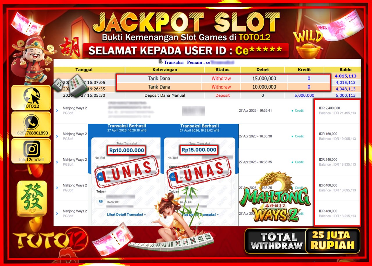 HANYA DI TOTO12 JP PASTI DI BAYAR LUNAS DAN CEPAT!!!!!! JACKPOT SLOT GAME (MAHJONG WAYS 2) Rp.25.000.000!!!!