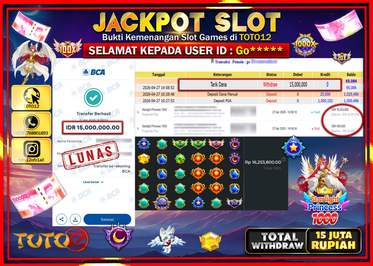 HANYA DI TOTO12 JP PASTI DI BAYAR LUNAS DAN CEPAT!!!!!! JACKPOT SLOT GAME (STARLIGHT PRINCES 1000) Rp.15.000.000!!!!