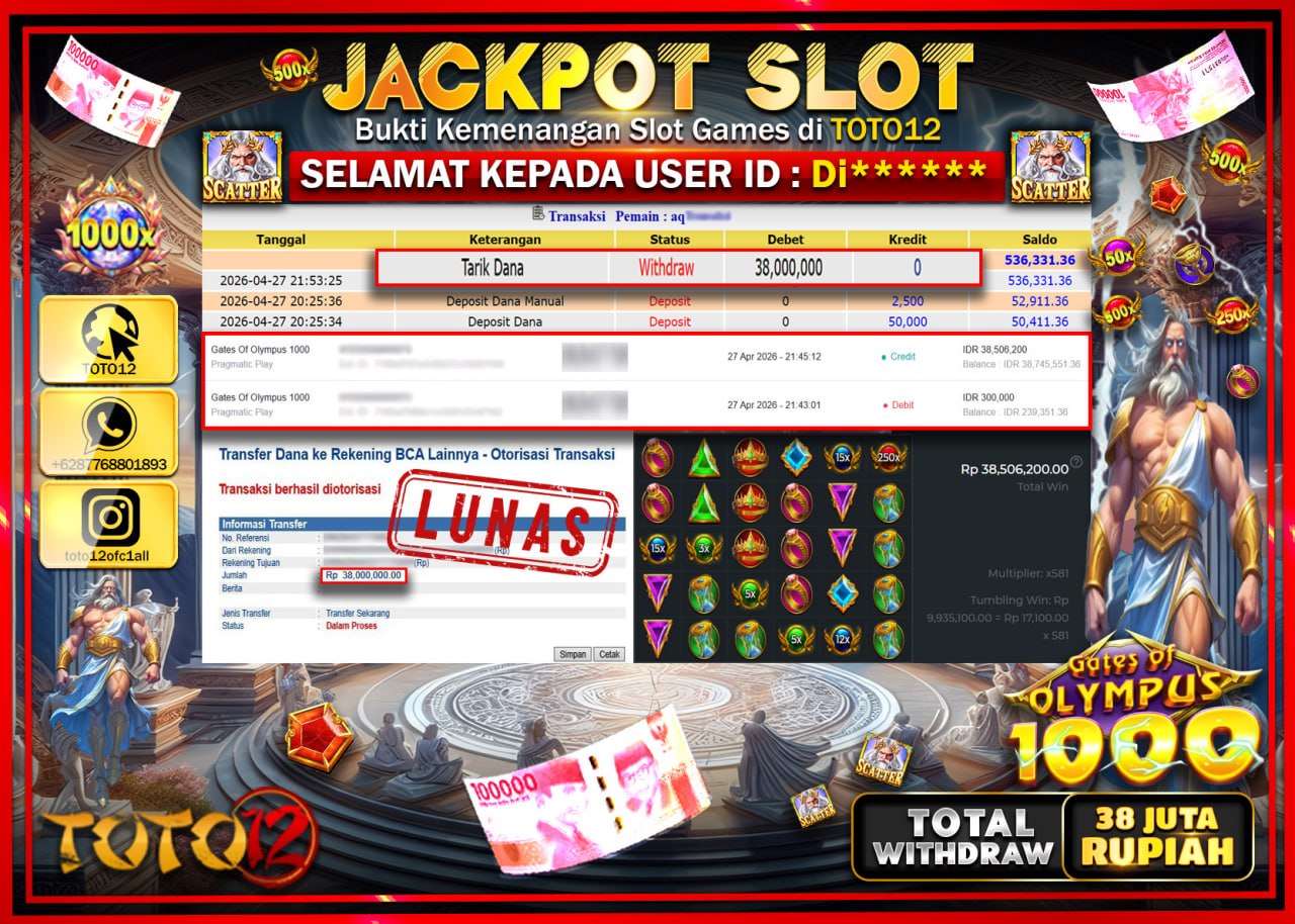 HANYA DI TOTO12 JP PASTI DI BAYAR LUNAS DAN CEPAT!!!!!! JACKPOT SLOT GAME (GATES OF OLYMPUS 1000) Rp.38.000.000!!!!