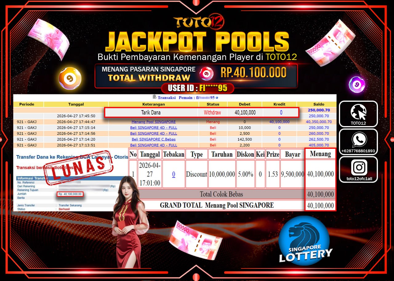 HANYA DI TOTO12 JP PASTI DI BAYAR LUNAS DAN CEPAT!!!!!! JACKPOT POOLS PASARAN( SINGAPORE ) Rp.40.100.000!!!!