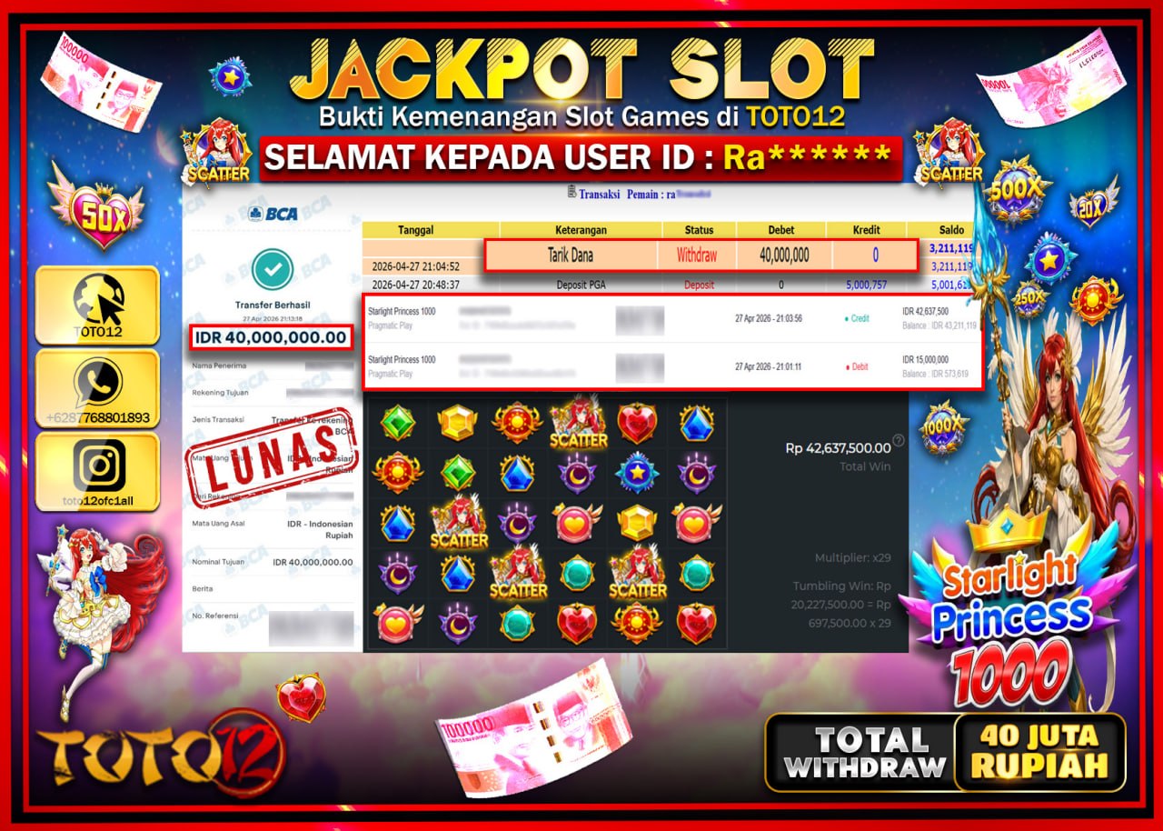 HANYA DI TOTO12 JP PASTI DI BAYAR LUNAS DAN CEPAT!!!!!! JACKPOT SLOT GAME (STARLIGHT PRINCES 1000) Rp.40.000.000!!!!