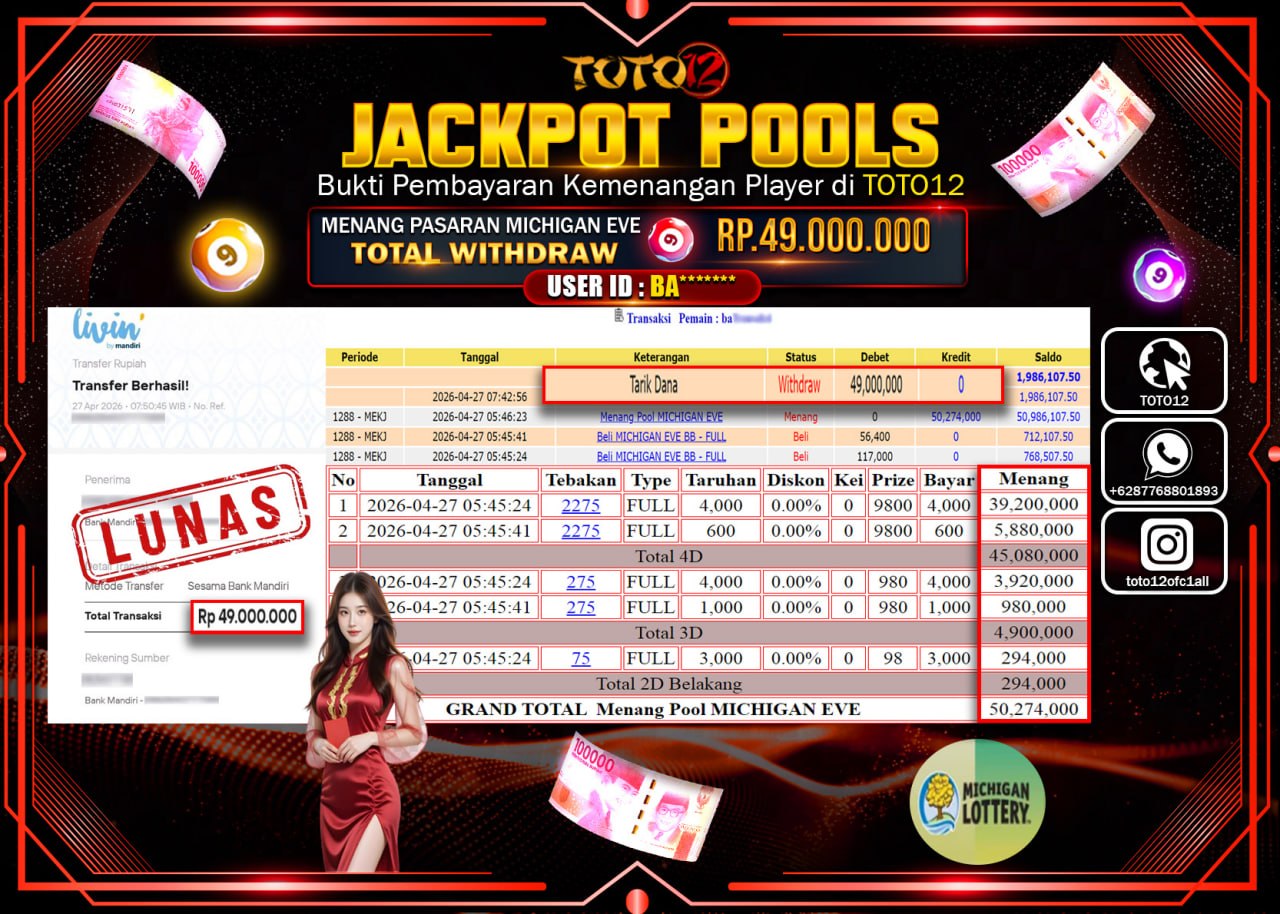 HANYA DI TOTO12 JP PASTI DI BAYAR LUNAS DAN CEPAT!!!!!! JACKPOT POOLS PASARAN( MICHIGAN EVE) Rp.49.000.000!!!!