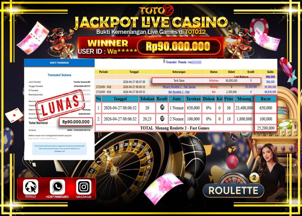 HANYA DI TOTO12 JP PASTI DI BAYAR LUNAS DAN CEPAT!!!!!! JACKPOT  LIVE GAME CASINO (ROULETTE 2) Rp.90.000.000!!!!