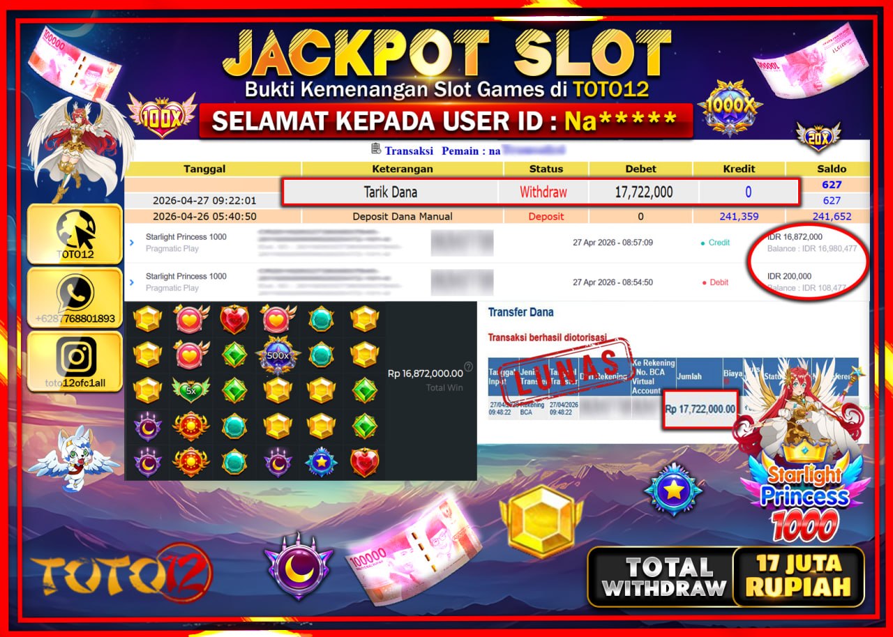 HANYA DI TOTO12 JP PASTI DI BAYAR LUNAS DAN CEPAT!!!!!! JACKPOT SLOT GAME (STARLIGHT PRINCES 1000) Rp.17.722.000!!!!