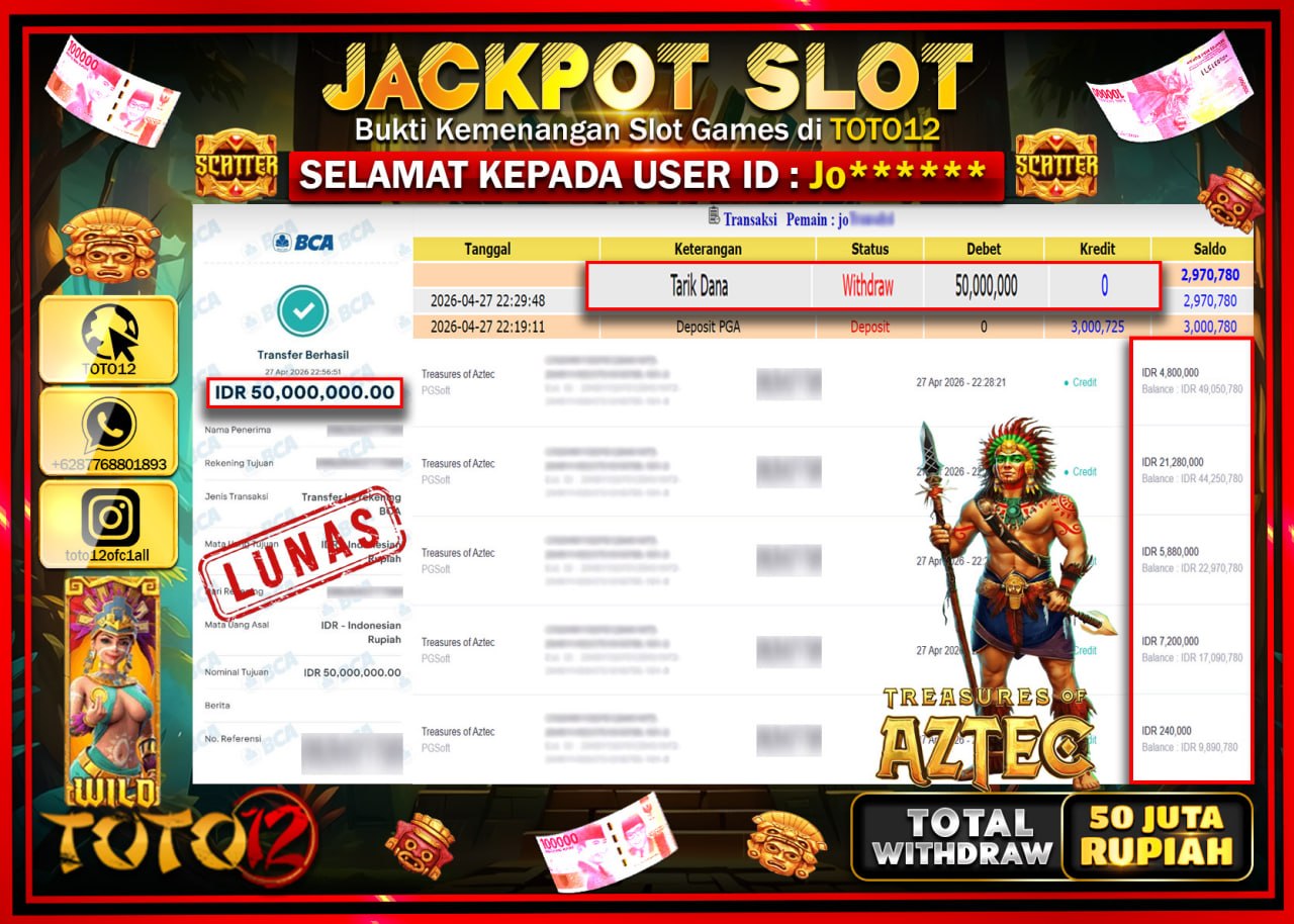 HANYA DI TOTO12 JP PASTI DI BAYAR LUNAS DAN CEPAT!!!!!! JACKPOT SLOT GAME (TREASURES OF AZTEC) Rp.50.000.000!!!!