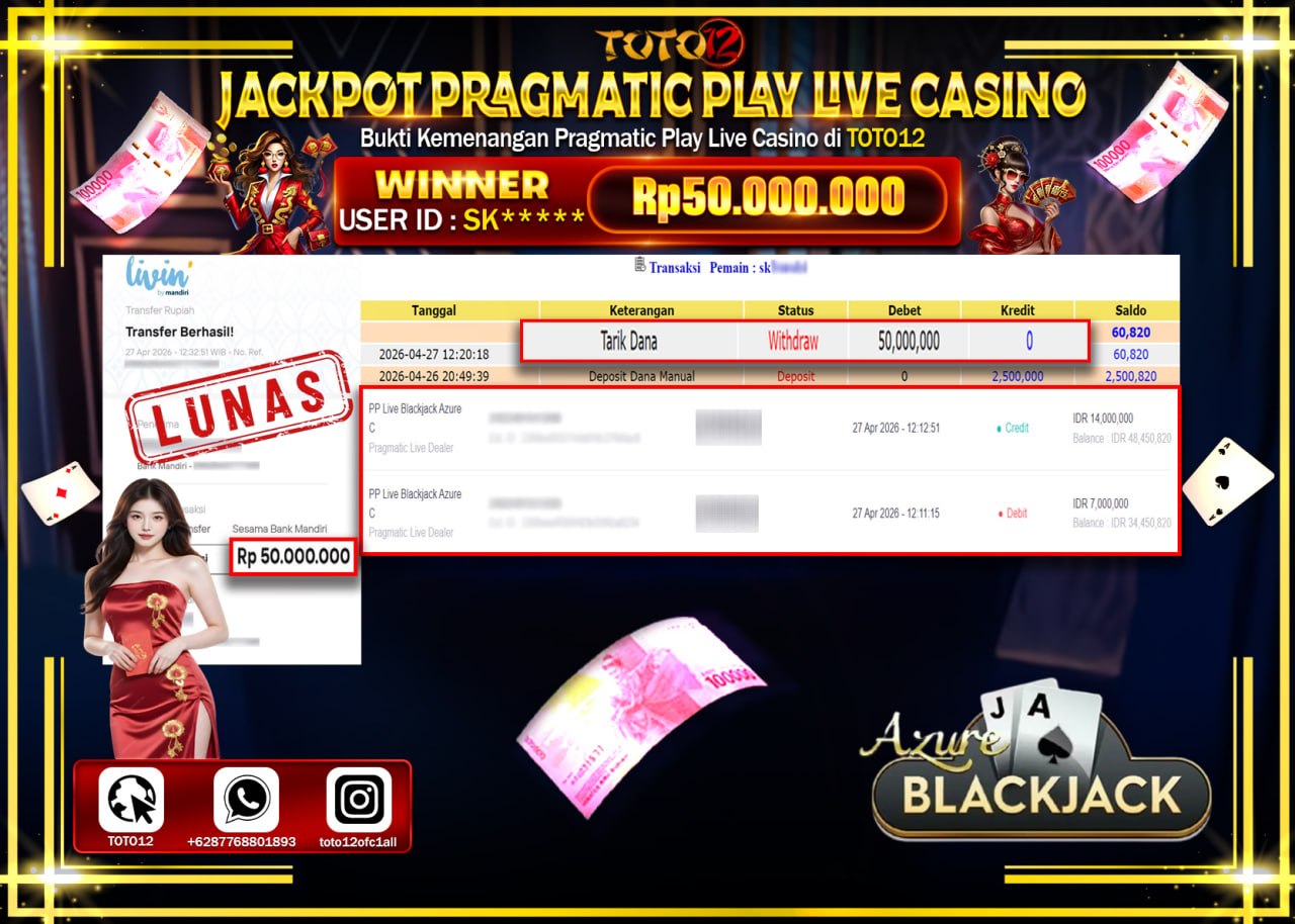 HANYA DI TOTO12 JP PASTI DI BAYAR LUNAS DAN CEPAT!!!!!! JACKPOT  LIVE GAME CASINO (PP LIVE BLACKJACK AZURE C) Rp.50.000.000!!!!