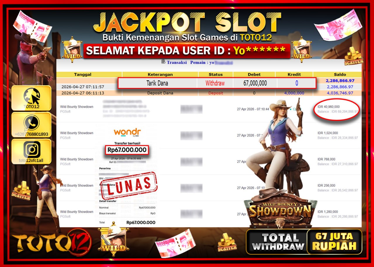 HANYA DI TOTO12 JP PASTI DI BAYAR LUNAS DAN CEPAT!!!!!! JACKPOT PRAGMATIC PLAY LIVE GAME CASINO (WILD BOUNTY SHOWDOWN) Rp.67.000.000!!!!