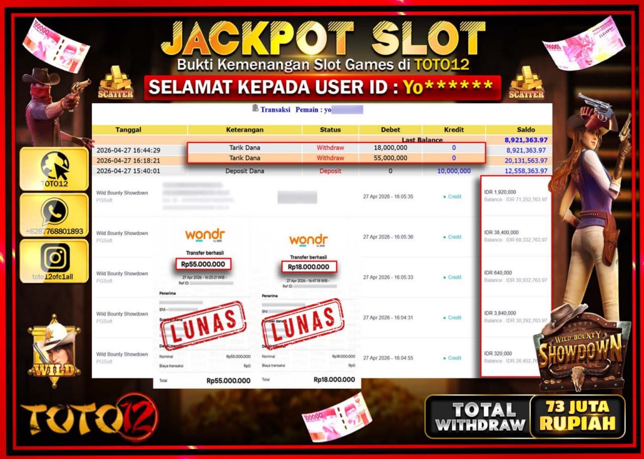 HANYA DI TOTO12 JP PASTI DI BAYAR LUNAS DAN CEPAT!!!!!! JACKPOT SLOT GAME (WILD BOUNTY SHOWDOWN) Rp.73.000.000!!!!