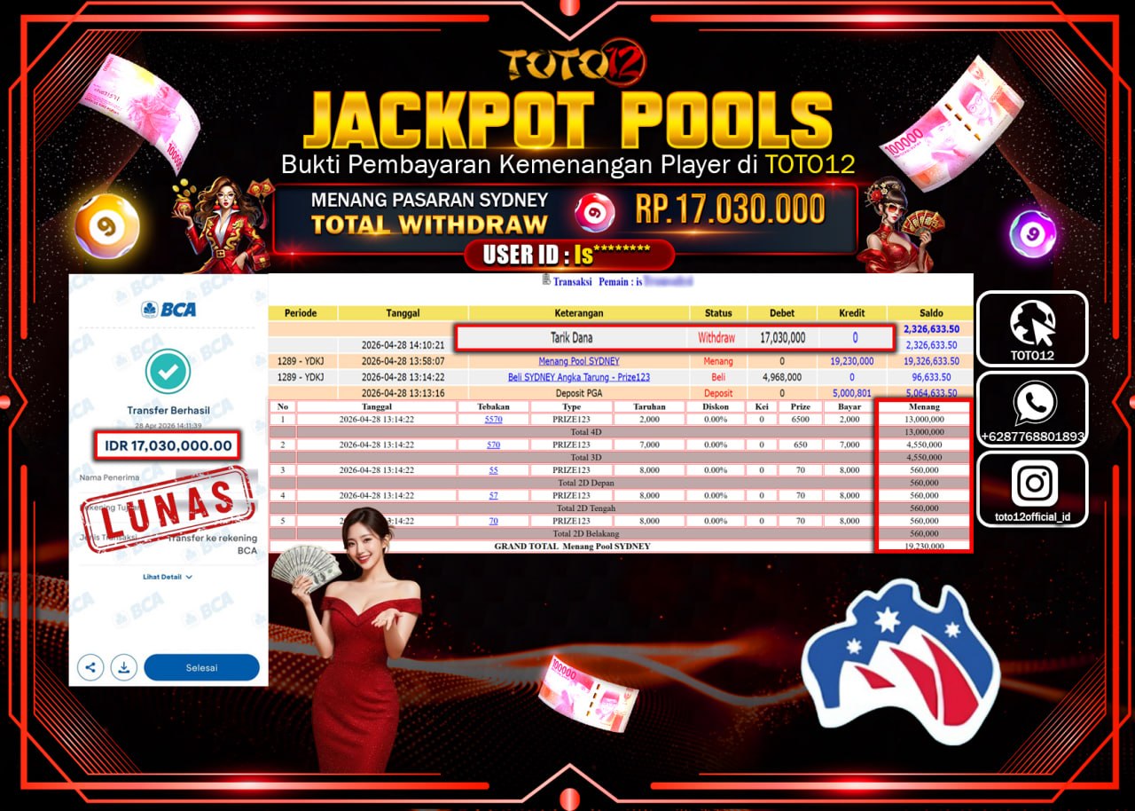 HANYA DI TOTO12 JP PASTI DI BAYAR LUNAS DAN CEPAT!!!!!! JACKPOT POOLS PASARAN( SYDNEY ) Rp.17.030.000!!!!