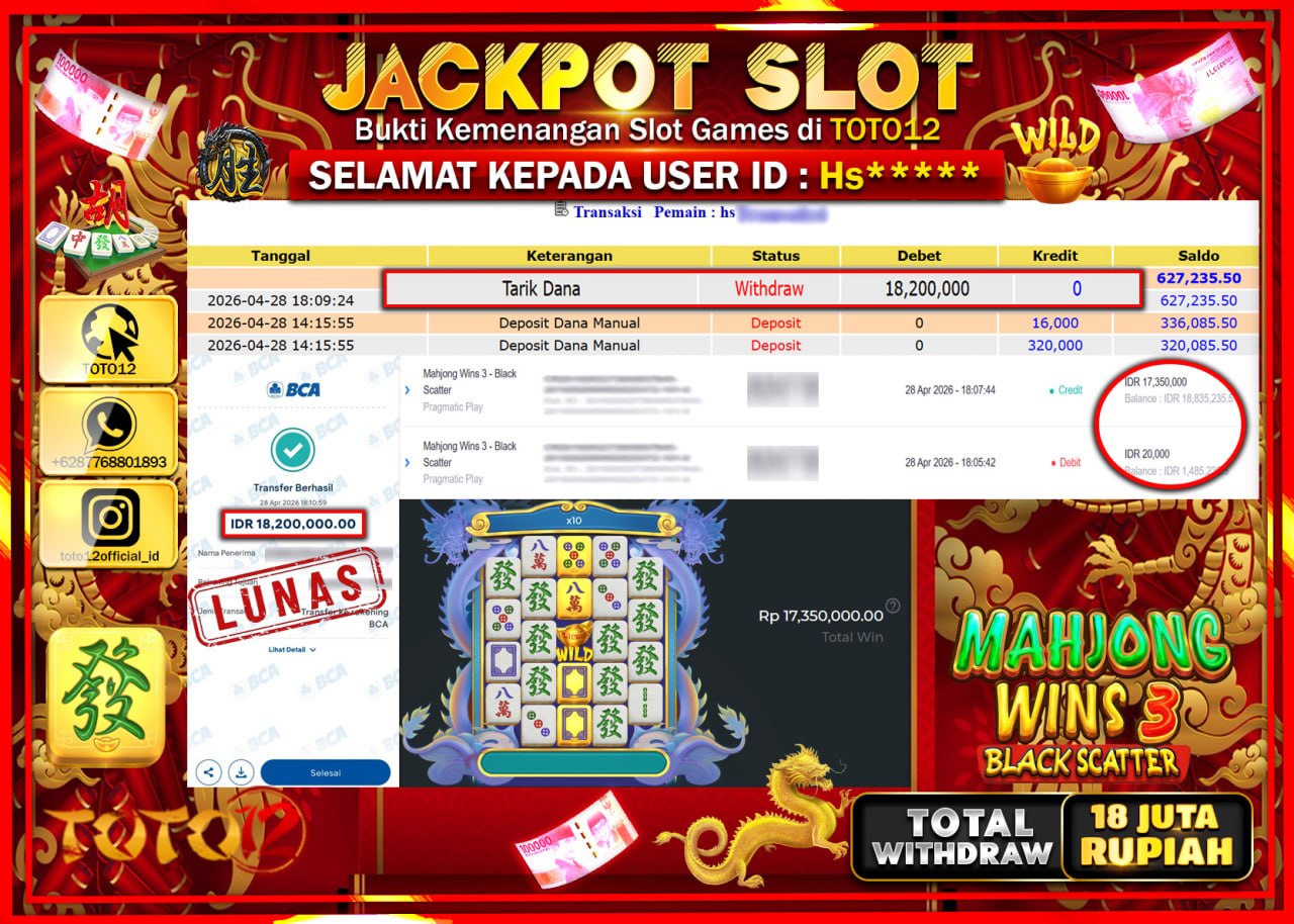 HANYA DI TOTO12 JP PASTI DI BAYAR LUNAS DAN CEPAT!!!!!! JACKPOT SLOT GAME (MAHJONG WINS 3 BLACK SCATTER) Rp.18.200.000!!!!