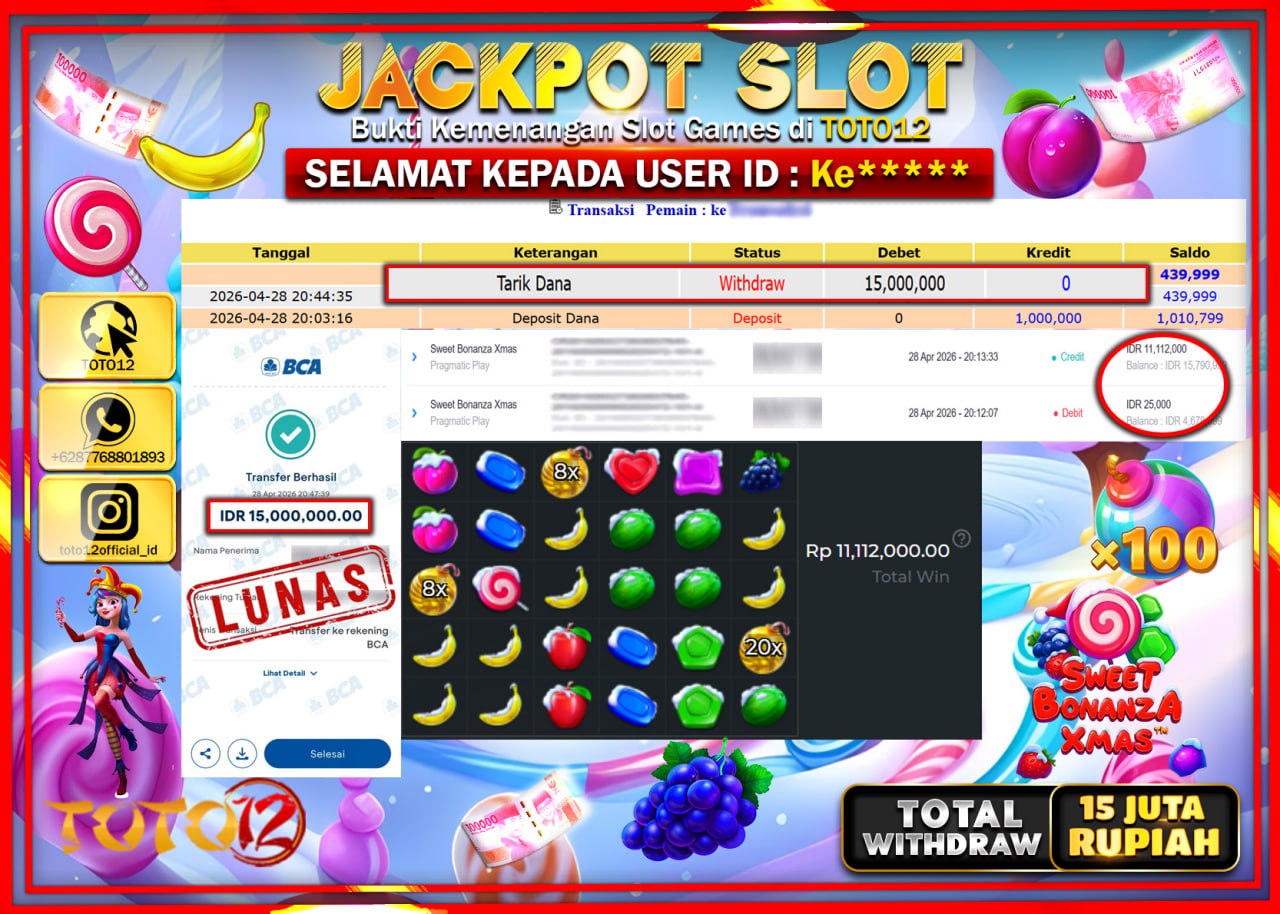 HANYA DI TOTO12 JP PASTI DI BAYAR LUNAS DAN CEPAT!!!!!! JACKPOT SLOT GAME (SWEET BONANZA XMAS) Rp.15.000.000!!!!