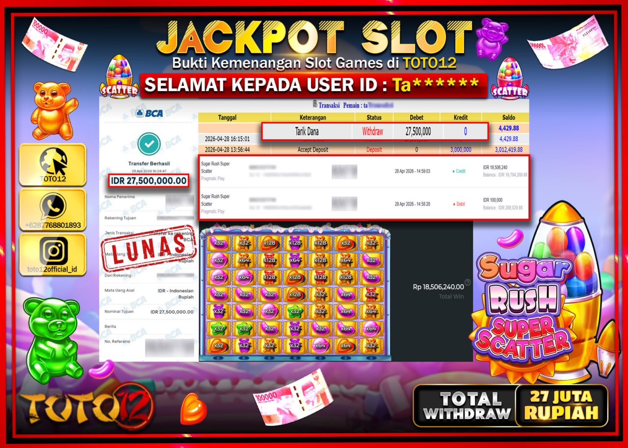 HANYA DI TOTO12 JP PASTI DI BAYAR LUNAS DAN CEPAT!!!!!! JACKPOT SLOT GAME (SUGAR RUSH SUPER SCATTER) Rp.27.500.000!!!!