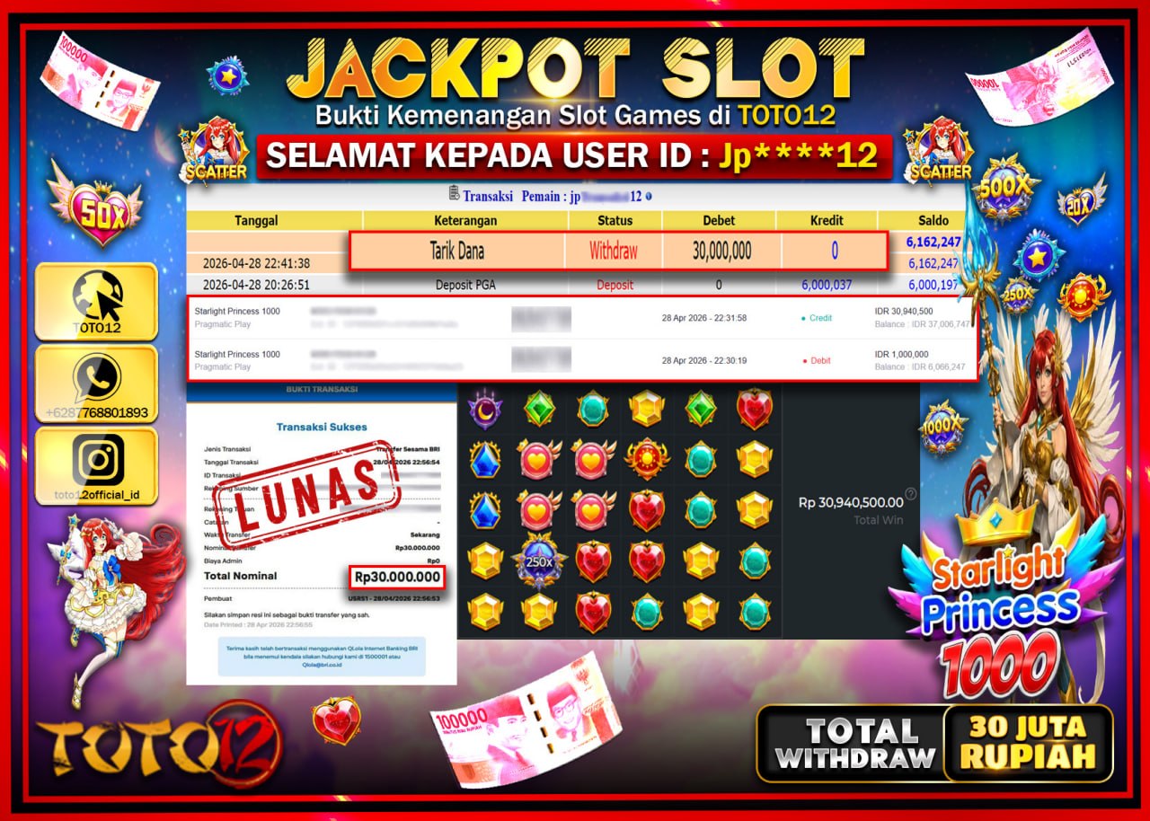 HANYA DI TOTO12 JP PASTI DI BAYAR LUNAS DAN CEPAT!!!!!! JACKPOT SLOT GAME (STARLIGHT PRINCESS 1000) Rp.30.000.000!!!!