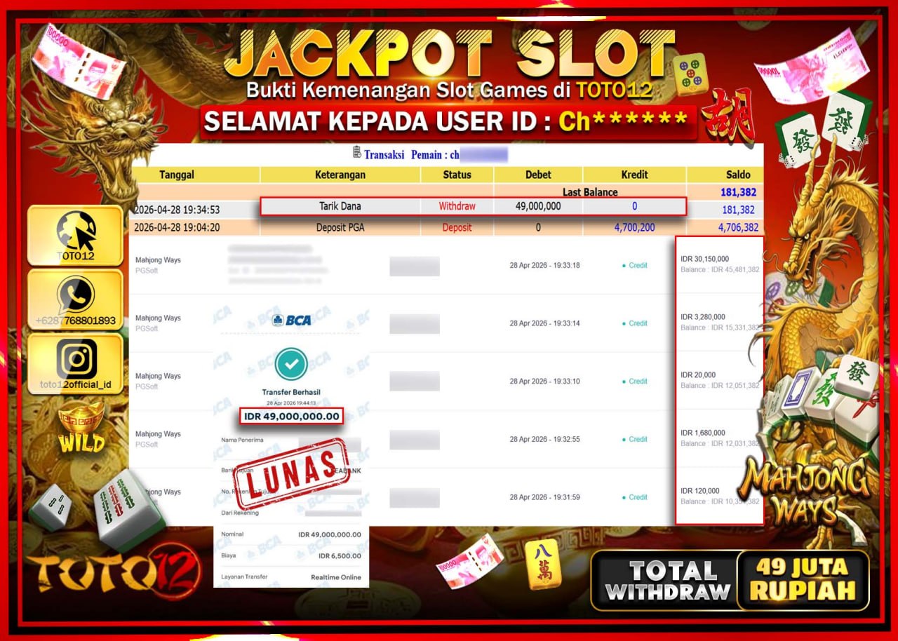HANYA DI TOTO12 JP PASTI DI BAYAR LUNAS DAN CEPAT!!!!!! JACKPOT SLOT GAME (MAHJONG WAYS) Rp.49.000.000!!!!
