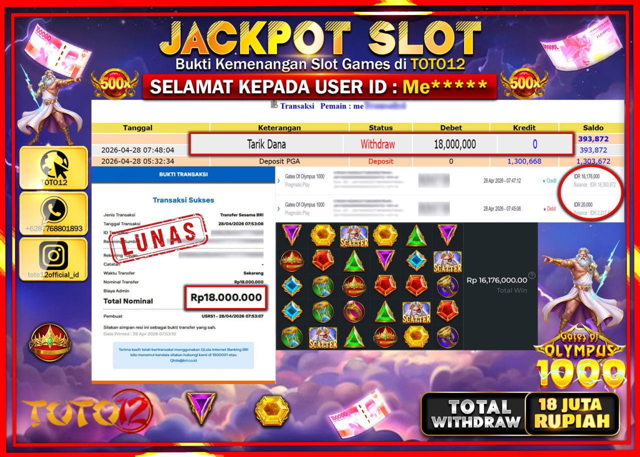 HANYA DI TOTO12 JP PASTI DI BAYAR LUNAS DAN CEPAT!!!!!! JACKPOT SLOT GAME (GATES OF OLYMPUS 1000) Rp.18.000.000!!!!