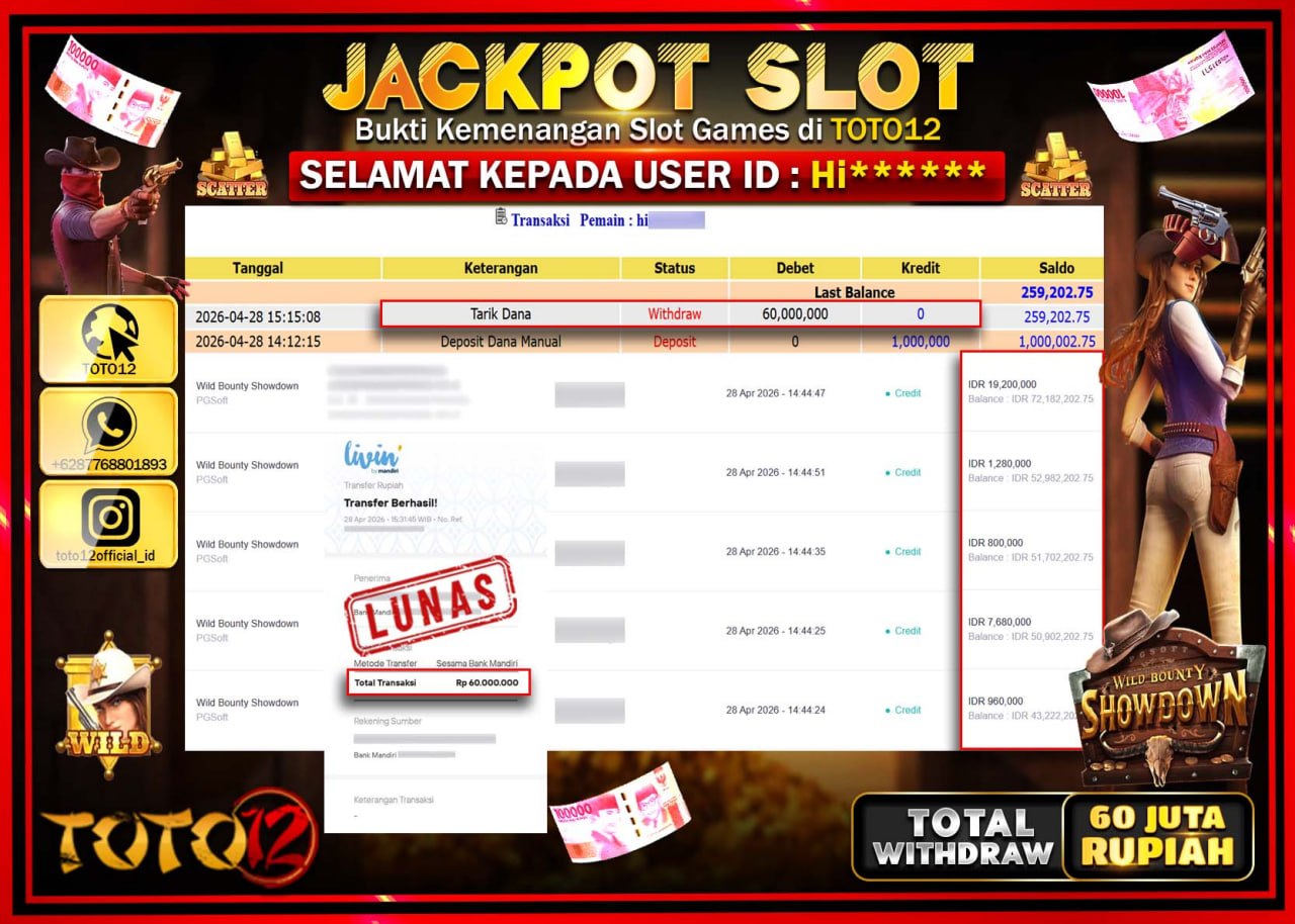 HANYA DI TOTO12 JP PASTI DI BAYAR LUNAS DAN CEPAT!!!!!! JACKPOT SLOT GAME (WILD BOUNTY SHOWDOWN) Rp.60.000.000!!!!