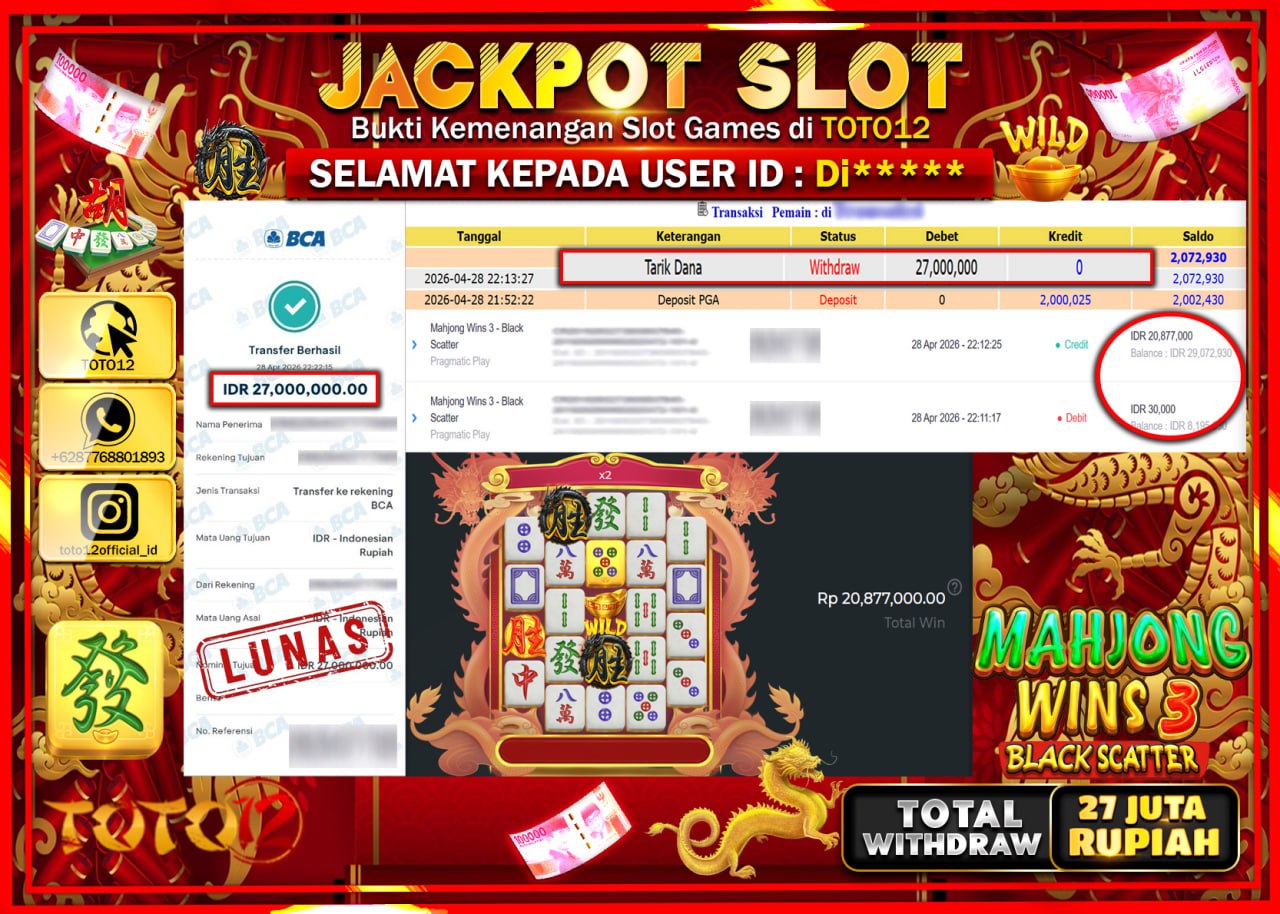 HANYA DI TOTO12 JP PASTI DI BAYAR LUNAS DAN CEPAT!!!!!! JACKPOT SLOT GAME (MAHJONG WINS 3 BLACK SCATTER) Rp.27.000.000!!!!