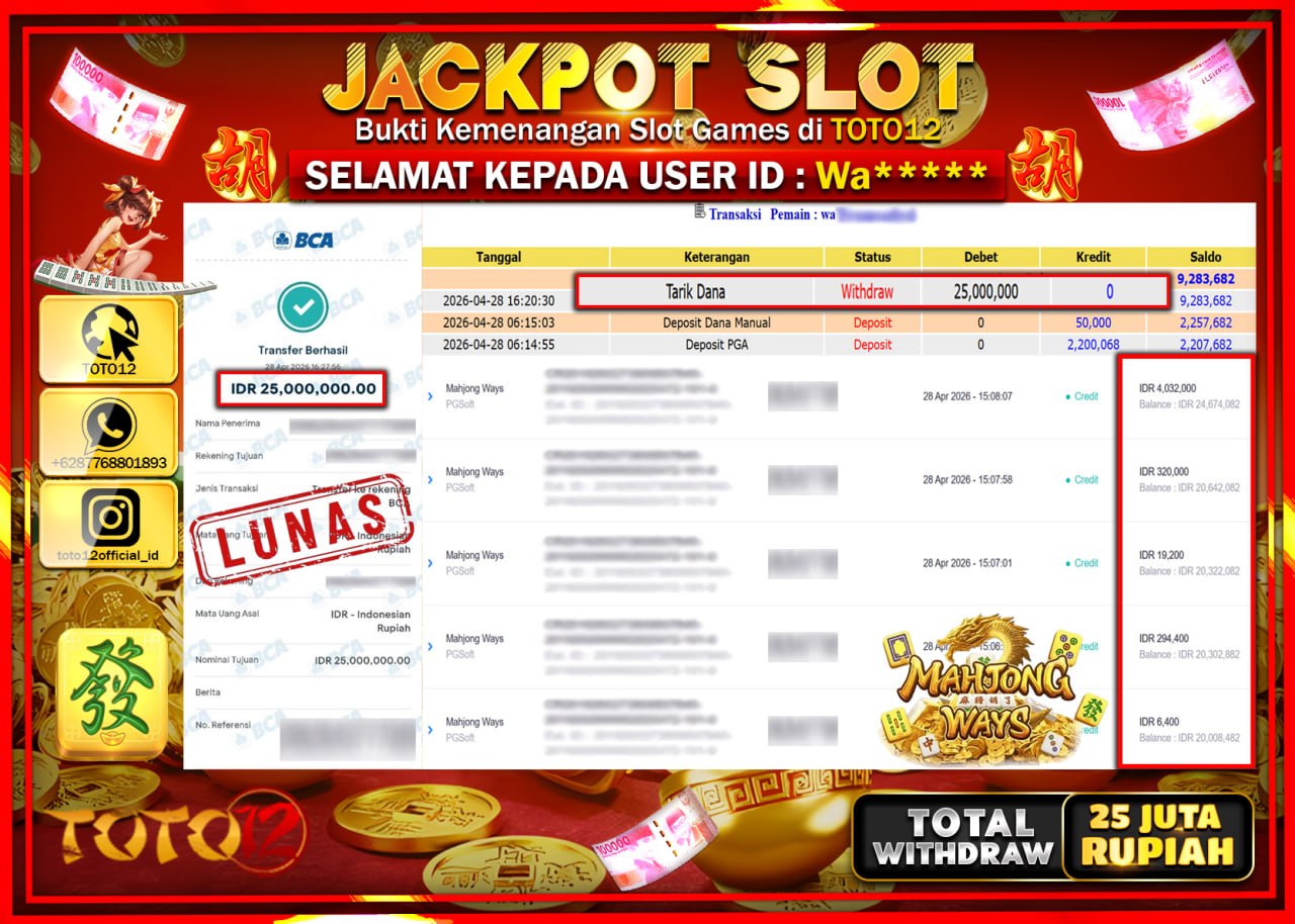 HANYA DI TOTO12 JP PASTI DI BAYAR LUNAS DAN CEPAT!!!!!! JACKPOT SLOT GAME (MAHJONG WAYS) Rp.25.000.000!!!!