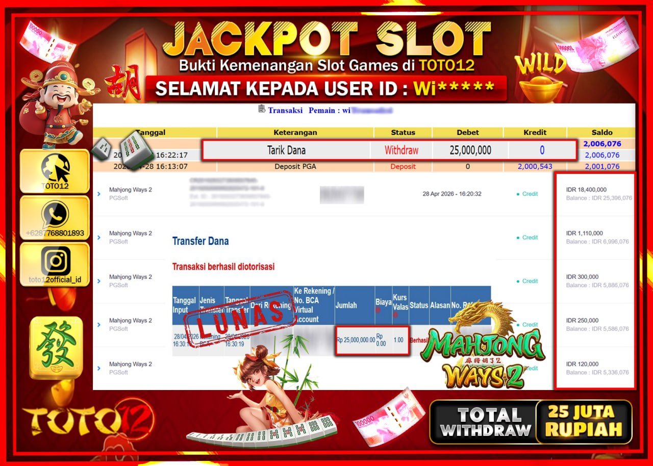 HANYA DI TOTO12 JP PASTI DI BAYAR LUNAS DAN CEPAT!!!!!! JACKPOT SLOT GAME (MAHJONG WAYS 2) Rp.25.000.000!!!!