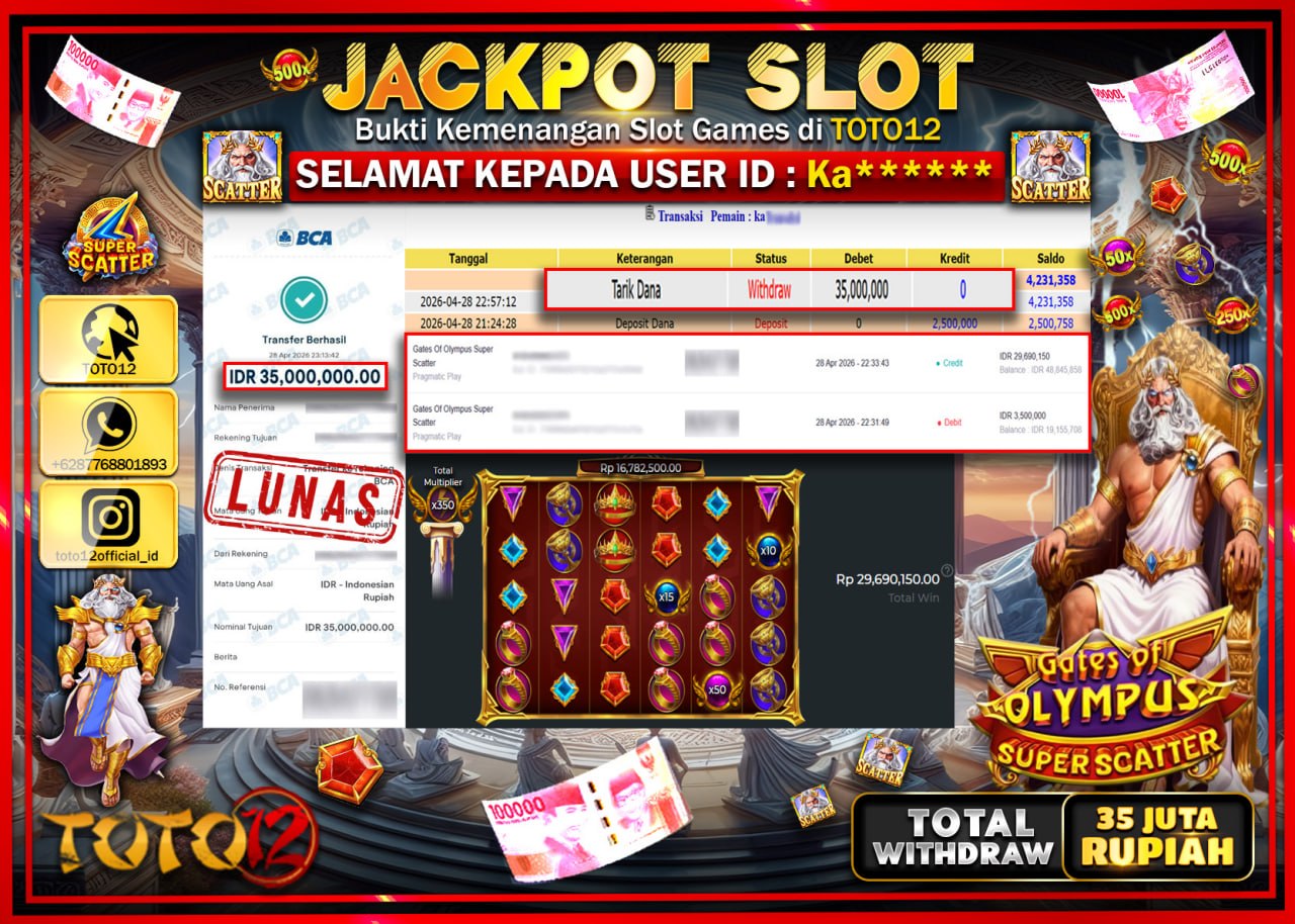 HANYA DI TOTO12 JP PASTI DI BAYAR LUNAS DAN CEPAT!!!!!! JACKPOT SLOT GAME (GATES OF OLYMPUS SUPER SCATTER) Rp.35.000.000!!!!
