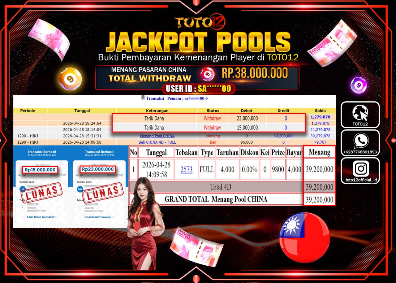 HANYA DI TOTO12 JP PASTI DI BAYAR LUNAS DAN CEPAT!!!!!! JACKPOT POOLS PASARAN( CHINA ) Rp.38.000.000!!!!