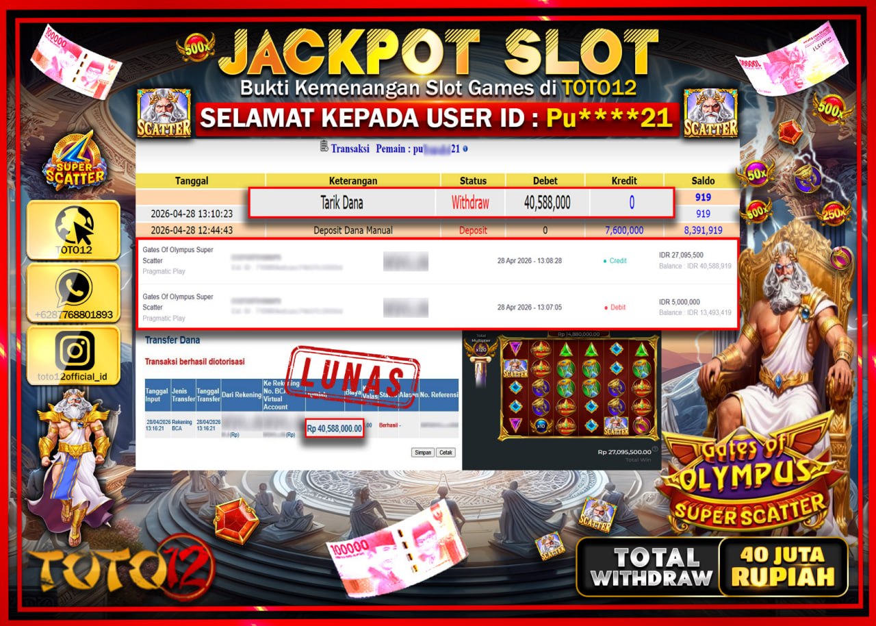 HANYA DI TOTO12 JP PASTI DI BAYAR LUNAS DAN CEPAT!!!!!! JACKPOT SLOT GAME (GATES OF OLYMPUS SUPER SCATTER) Rp.40.588.000!!!!