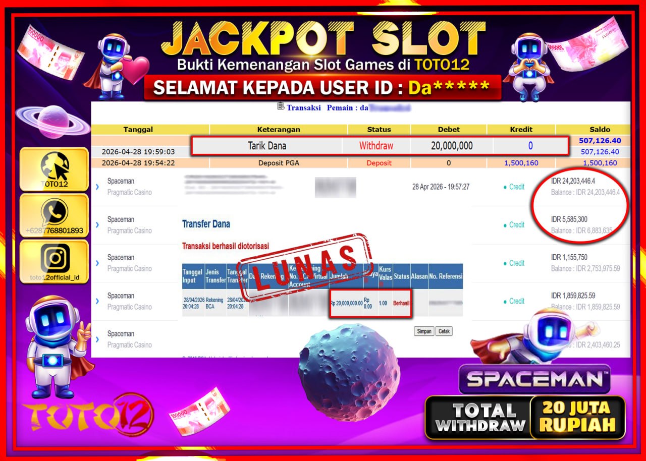 HANYA DI TOTO12 JP PASTI DI BAYAR LUNAS DAN CEPAT!!!!!! JACKPOT SLOT GAME (SPACEMAN) Rp.20.000.000!!!!