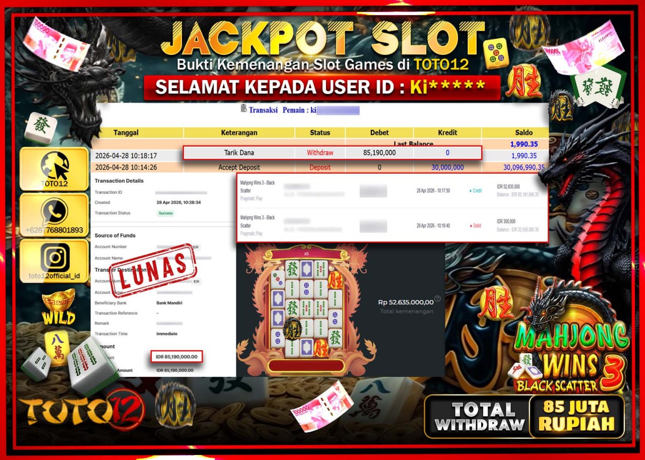 HANYA DI TOTO12 JP PASTI DI BAYAR LUNAS DAN CEPAT!!!!!! JACKPOT SLOT GAME (MAHJONG WINS 3 BLACK SCATTER) Rp.85.190.000!!!!