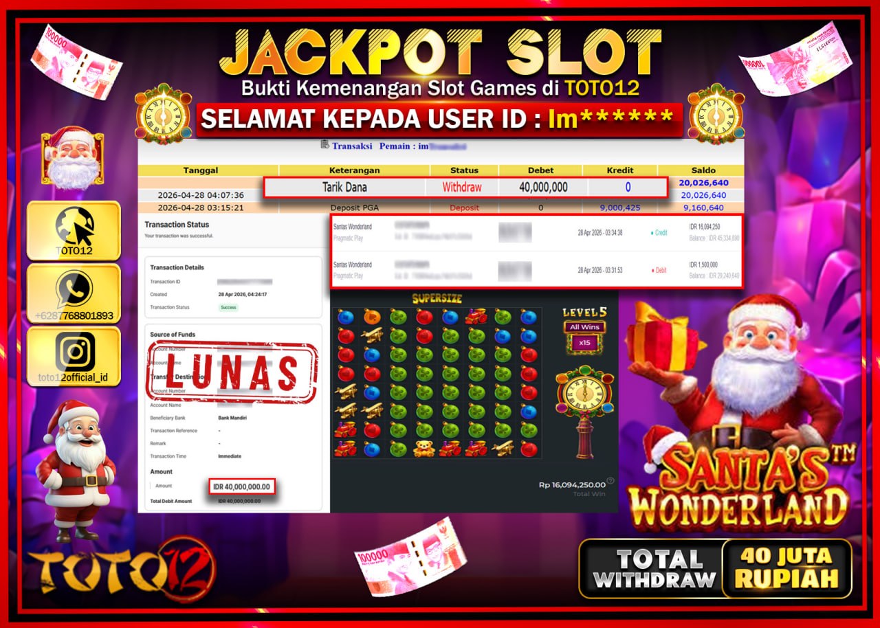 HANYA DI TOTO12 JP PASTI DI BAYAR LUNAS DAN CEPAT!!!!!! JACKPOT SLOT GAME (SANTAS WONDERLAND) Rp.40.000.000!!!!