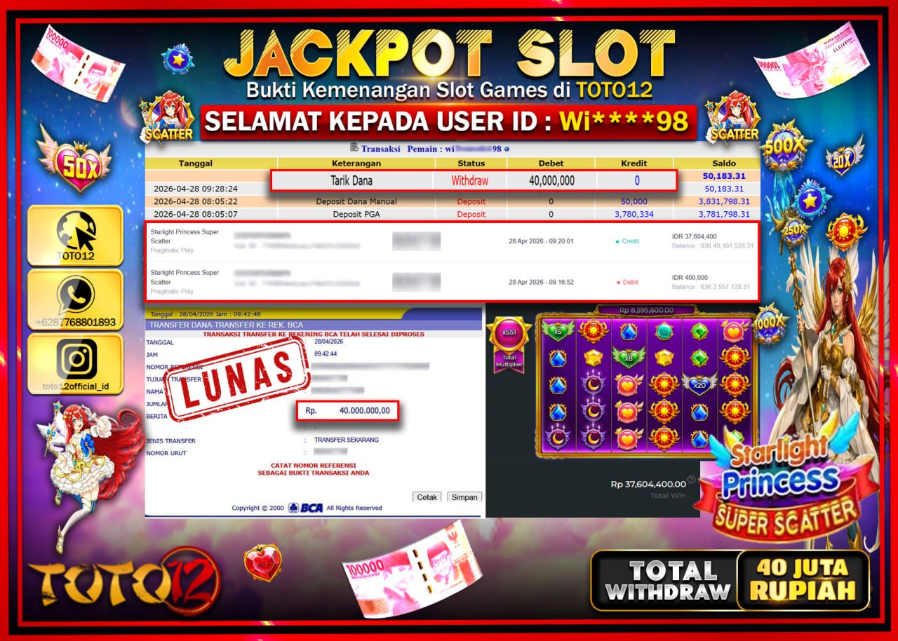 HANYA DI TOTO12 JP PASTI DI BAYAR LUNAS DAN CEPAT!!!!!! JACKPOT SLOT GAME (STARLIGHT PRINCES SUPER SCATTER) Rp.40.000.000!!!!