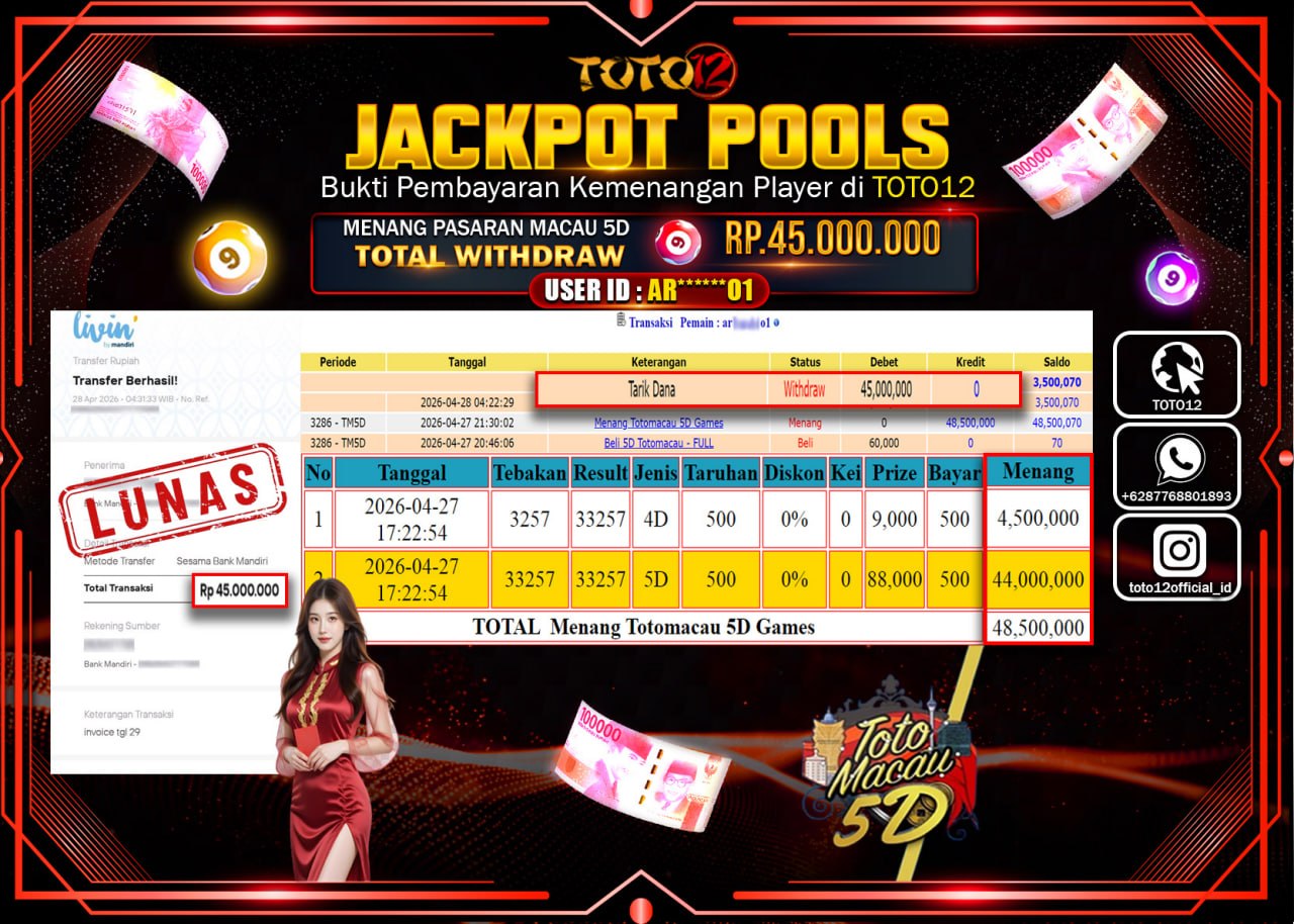 HANYA DI TOTO12 JP PASTI DI BAYAR LUNAS DAN CEPAT!!!!!! JACKPOT POOLS PASARAN(MACAU 5D) Rp.45.000.000!!!!