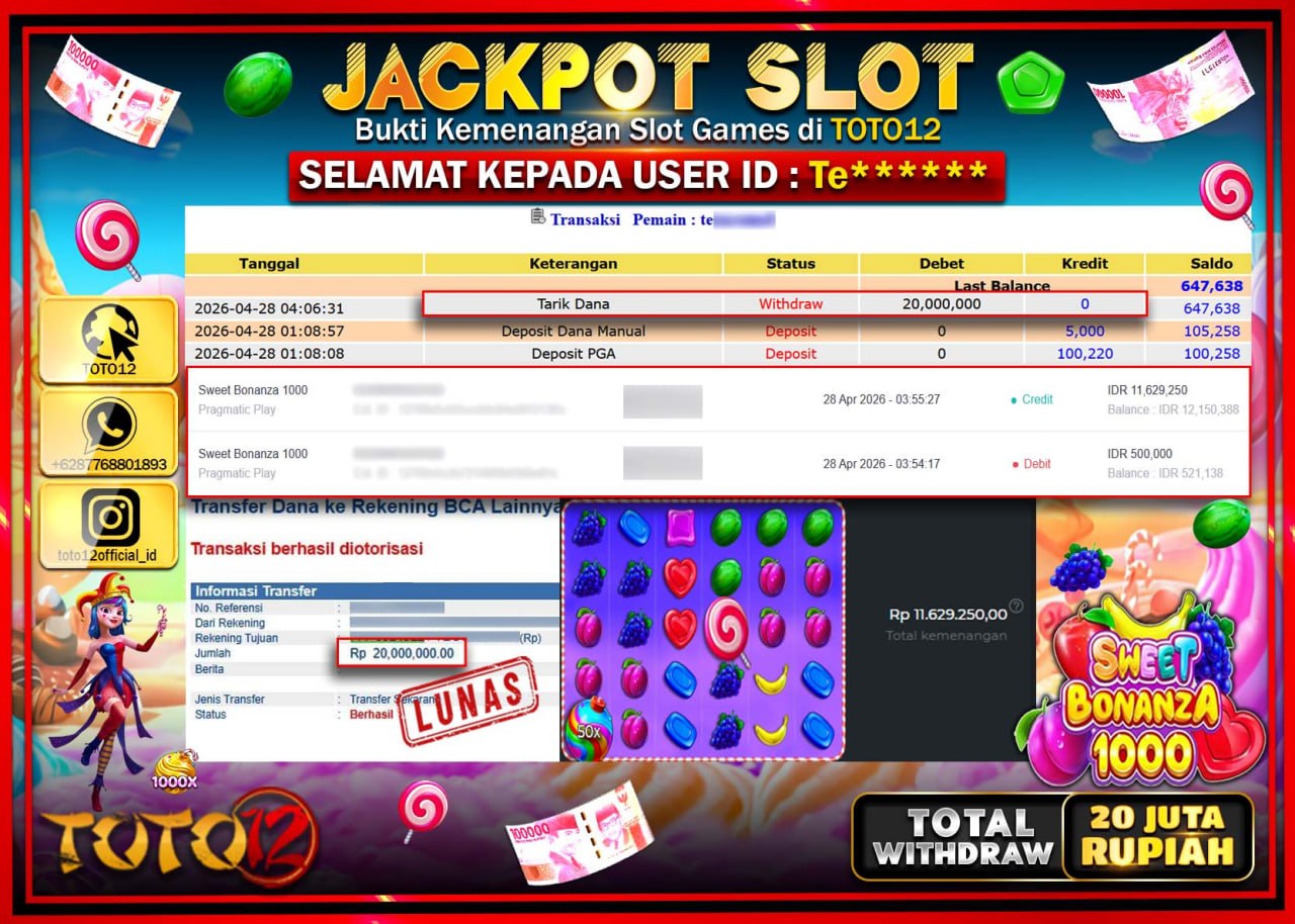 HANYA DI TOTO12 JP PASTI DI BAYAR LUNAS DAN CEPAT!!!!!! JACKPOT SLOT GAME (SWEET BONANZA 1000) Rp.20.000.000!!!!