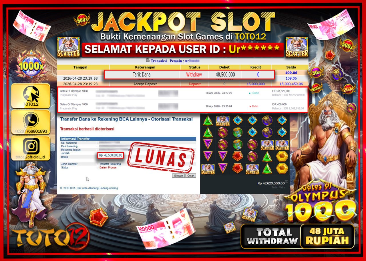HANYA DI TOTO12 JP PASTI DI BAYAR LUNAS DAN CEPAT!!!!!! JACKPOT SLOT GAME (GATES OF OLYMPUS 1000) Rp.48.500.000!!!!