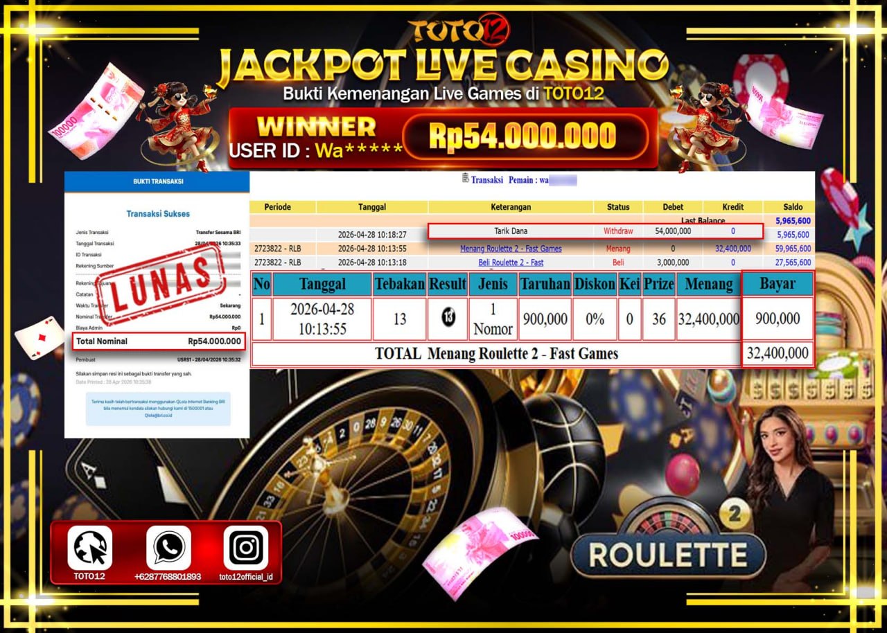 HANYA DI TOTO12 JP PASTI DI BAYAR LUNAS DAN CEPAT!!!!!! JACKPOT  LIVE GAME CASINO (ROULETTE) Rp.54.000.000!!!!