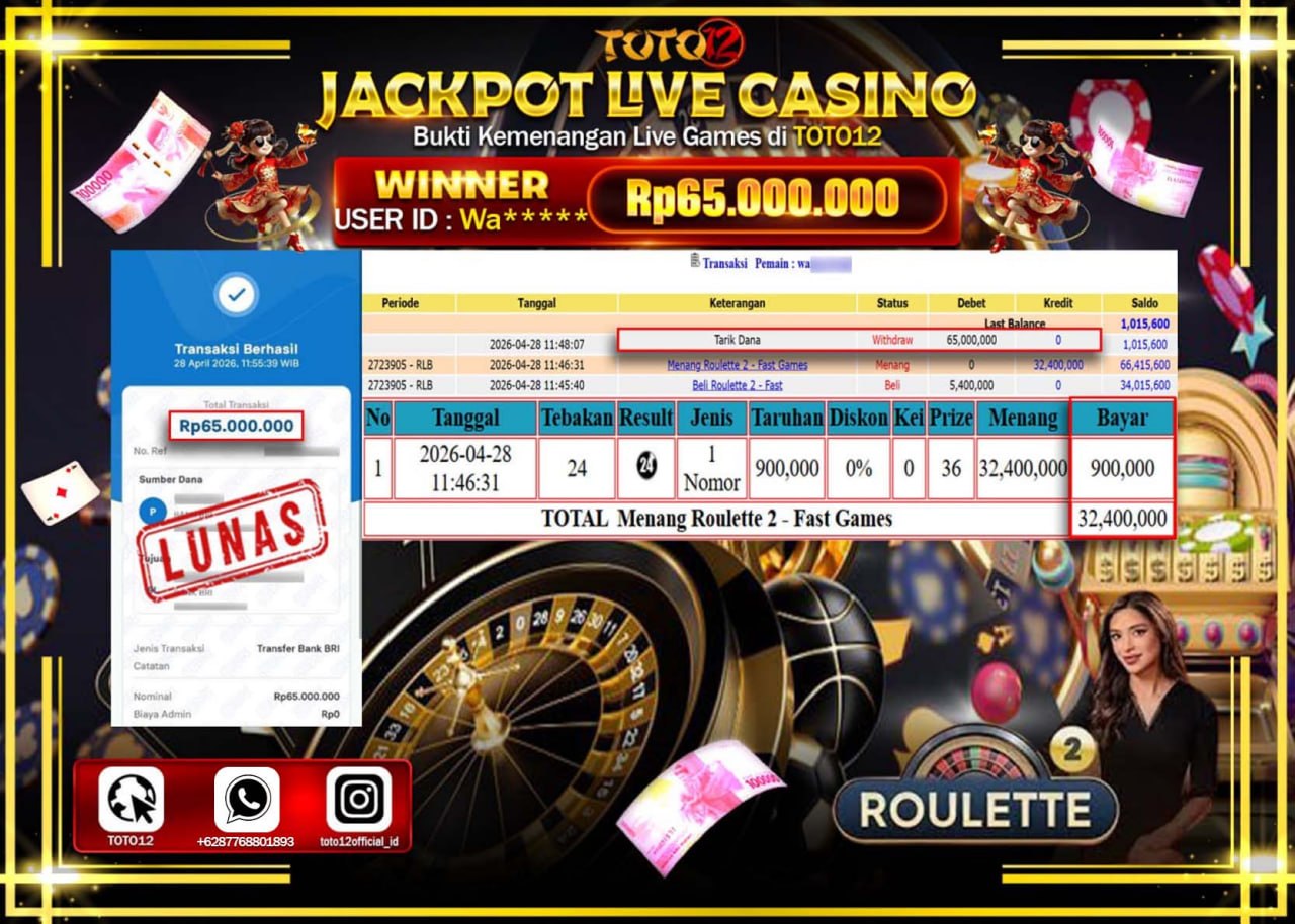 HANYA DI TOTO12 JP PASTI DI BAYAR LUNAS DAN CEPAT!!!!!! JACKPOT  LIVE GAME CASINO (ROULETTE 2) Rp.65.000.000!!!!