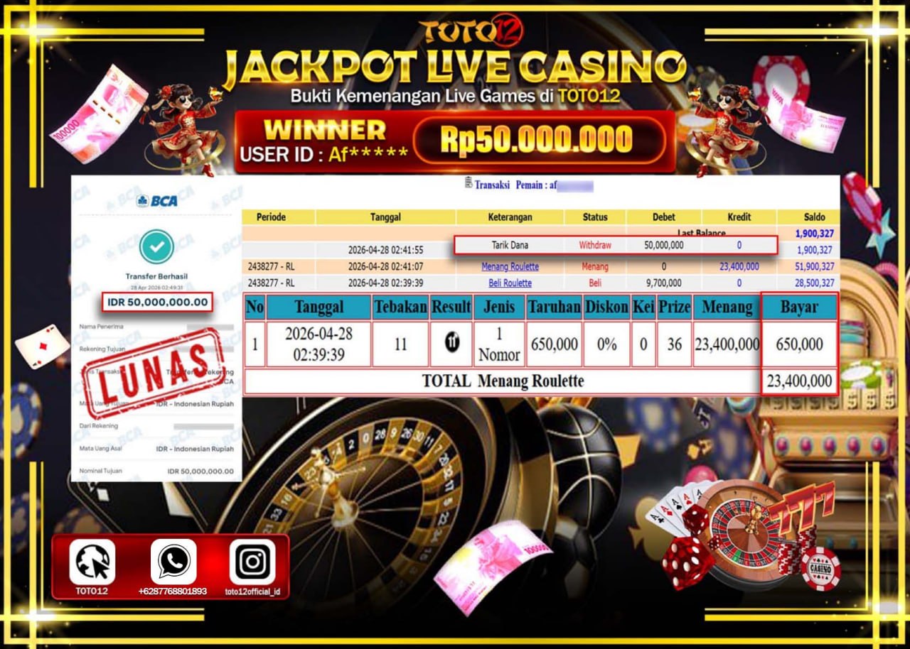 HANYA DI TOTO12 JP PASTI DI BAYAR LUNAS DAN CEPAT!!!!!! JACKPOT  LIVE GAME CASINO (ROULETTE) Rp.50.000.000!!!!