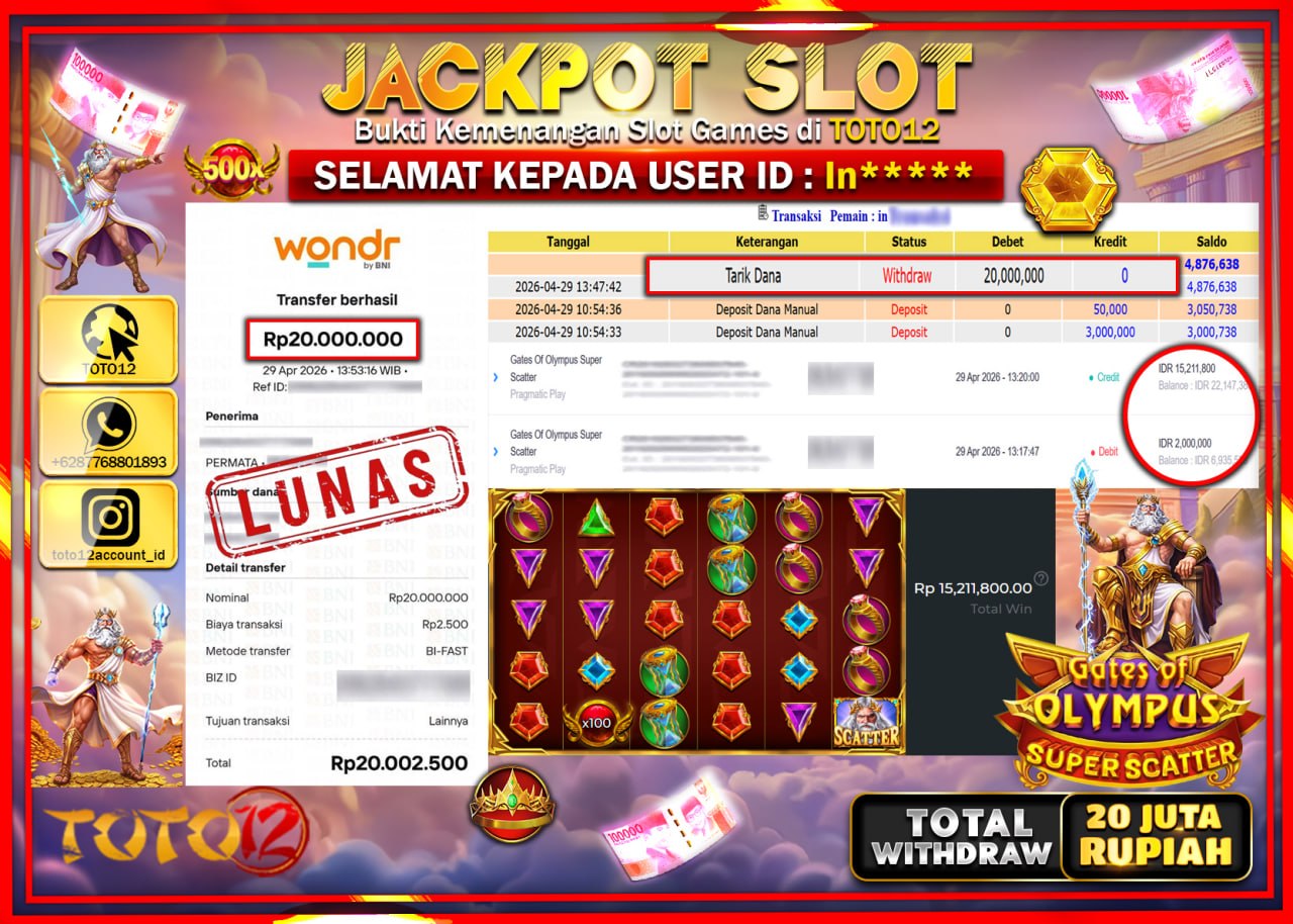 HANYA DI TOTO12 JP PASTI DI BAYAR LUNAS DAN CEPAT!!!!!! JACKPOT SLOT GAME (GATES OF OLYMPUS SUPER SCATTER) Rp.20.000.000!!!!