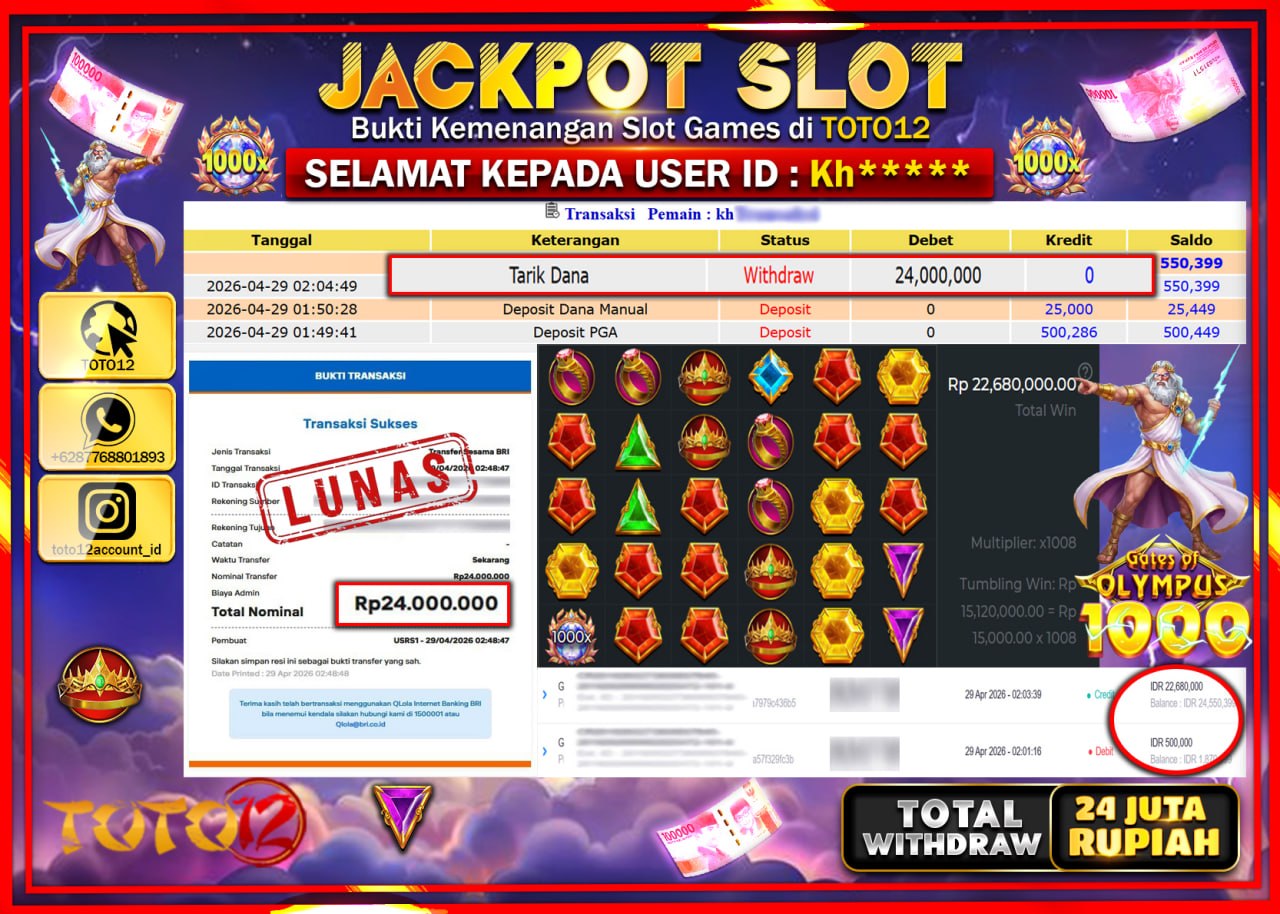 HANYA DI TOTO12 JP PASTI DI BAYAR LUNAS DAN CEPAT!!!!!! JACKPOT SLOT GAME (GATES OF OLYMPUS 1000) Rp.24.000.000!!!!
